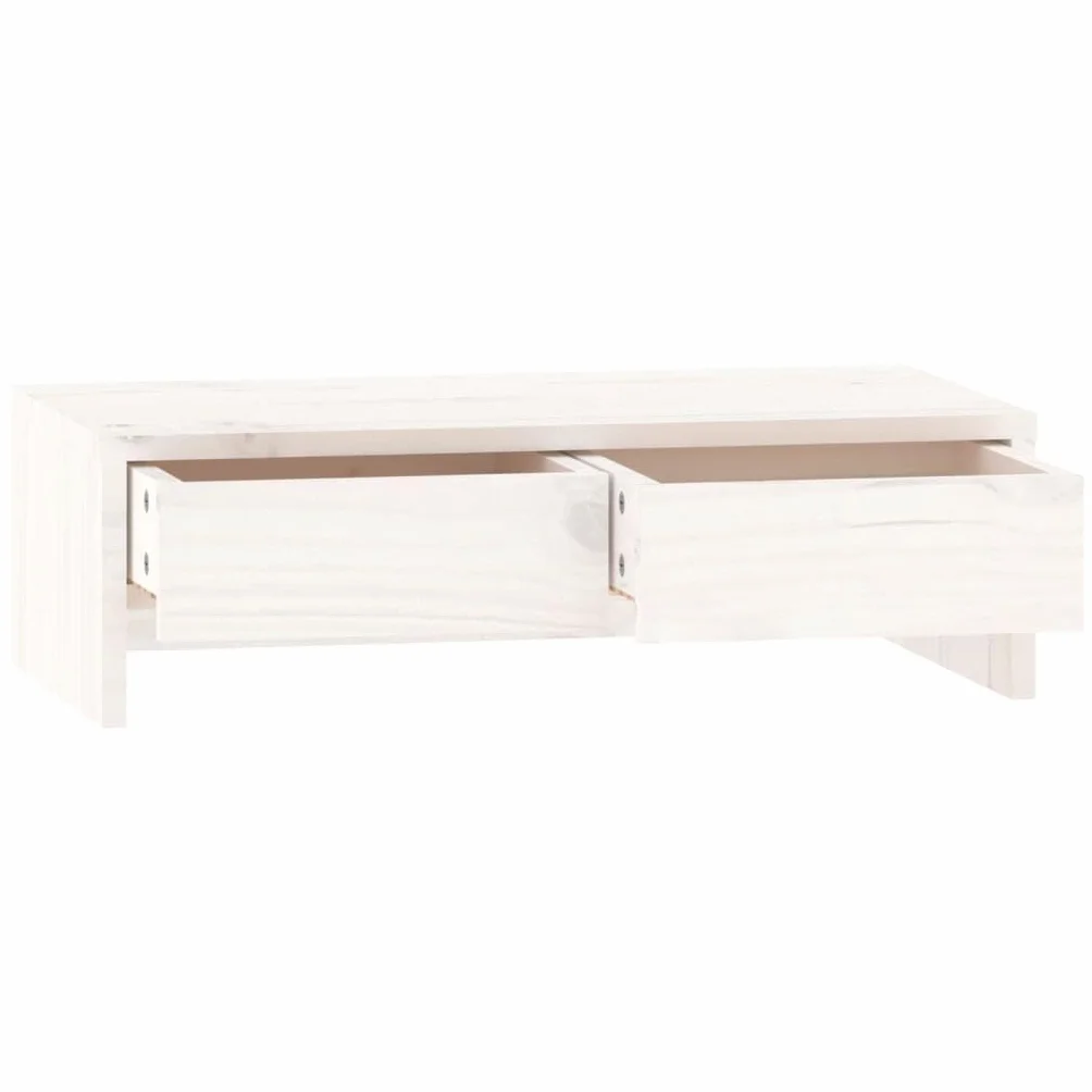 Biały stojak na monitor z litego drewna sosnowego, 50 x 27 x 15 cm, z dwiema szufladami, nakładka na biurko do pracy, biura, biura domowego i gier jako ergonomiczna półka