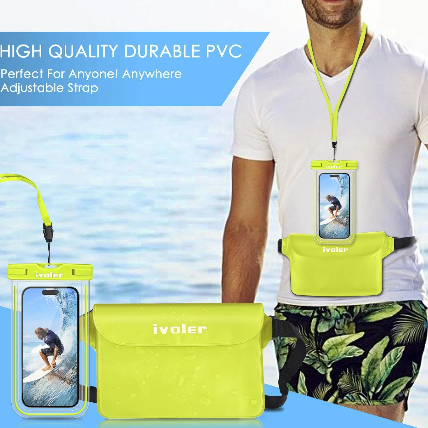 ivoler Wodoodporna torba +etui na telefon, wodoodporna torba na plażę, do pływania, pływania łodzią, kajakiem, wędrówek, ochrony telefonu, gotówki, paszportu, dokumentu przed wodą-Cytrynowa zieleń