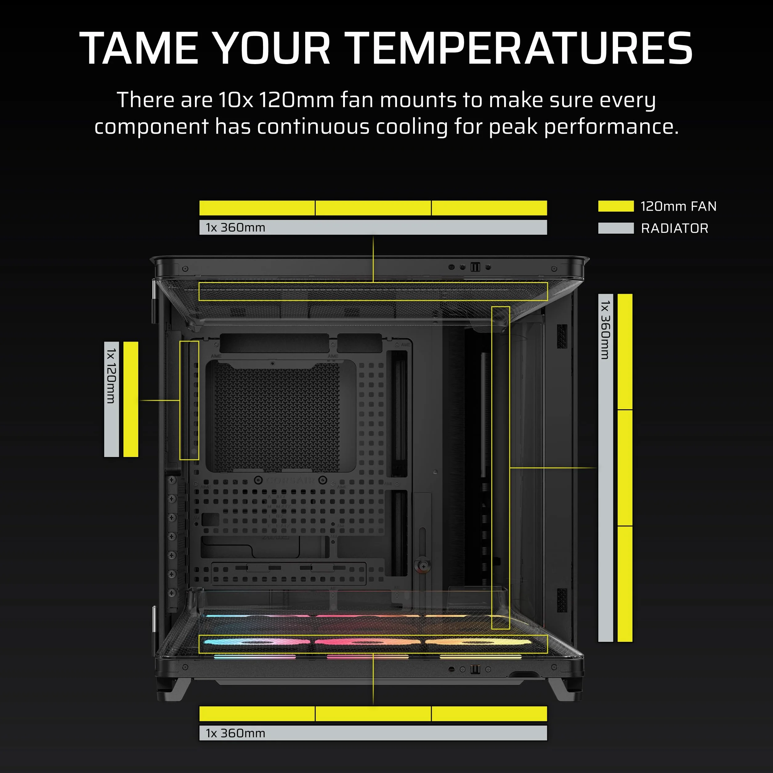 CORSAIR AIR 5400 LX-R RGB iCUE LINK trzykomorowa obudowa Mid-Tower Panoramiczna PC – 3 x wstępnie zainstalowane wentylatory LX-R RGB z odwróconym wirnikiem, niski poziom hałasu, kanały o wysokim