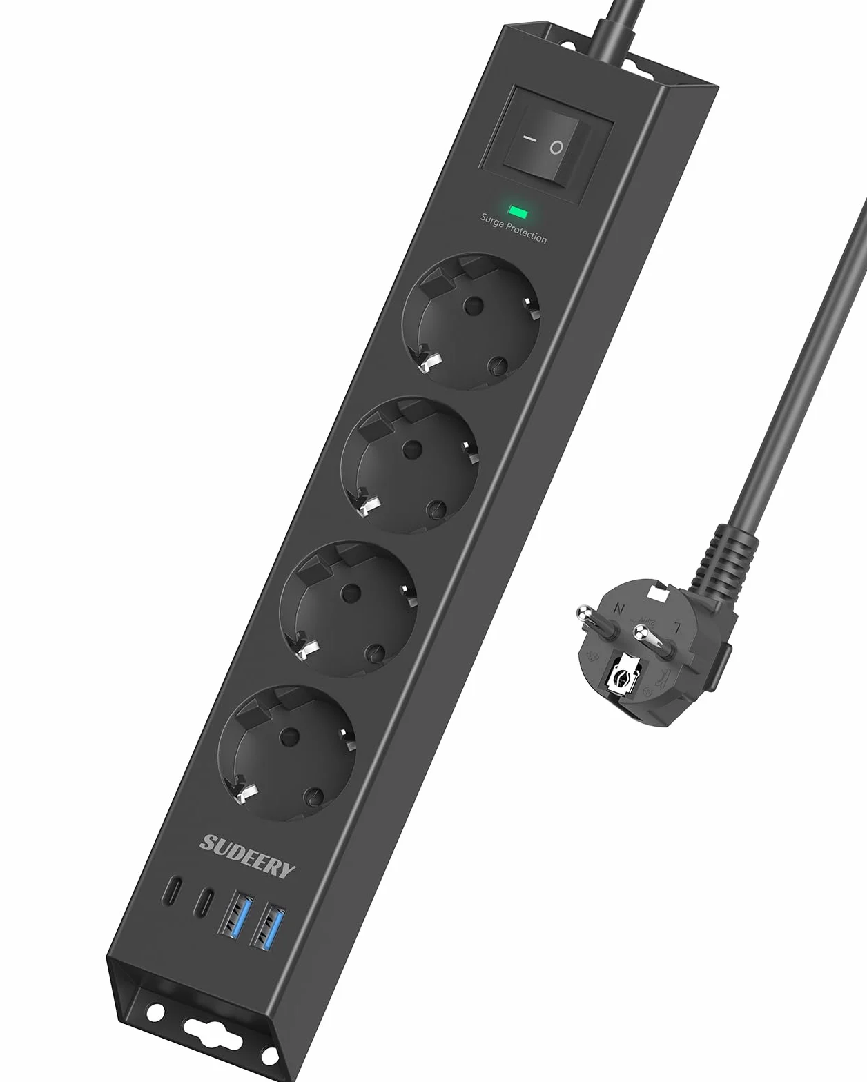 Listwa zasilająca z 4 gniazdami z USB C, listwa zasilająca 8 w 1, montaż ścienny, z przełącznikiem i kablem 2 m, z zabezpieczeniem przed przepięciem, do biura, kuchni (czarna)