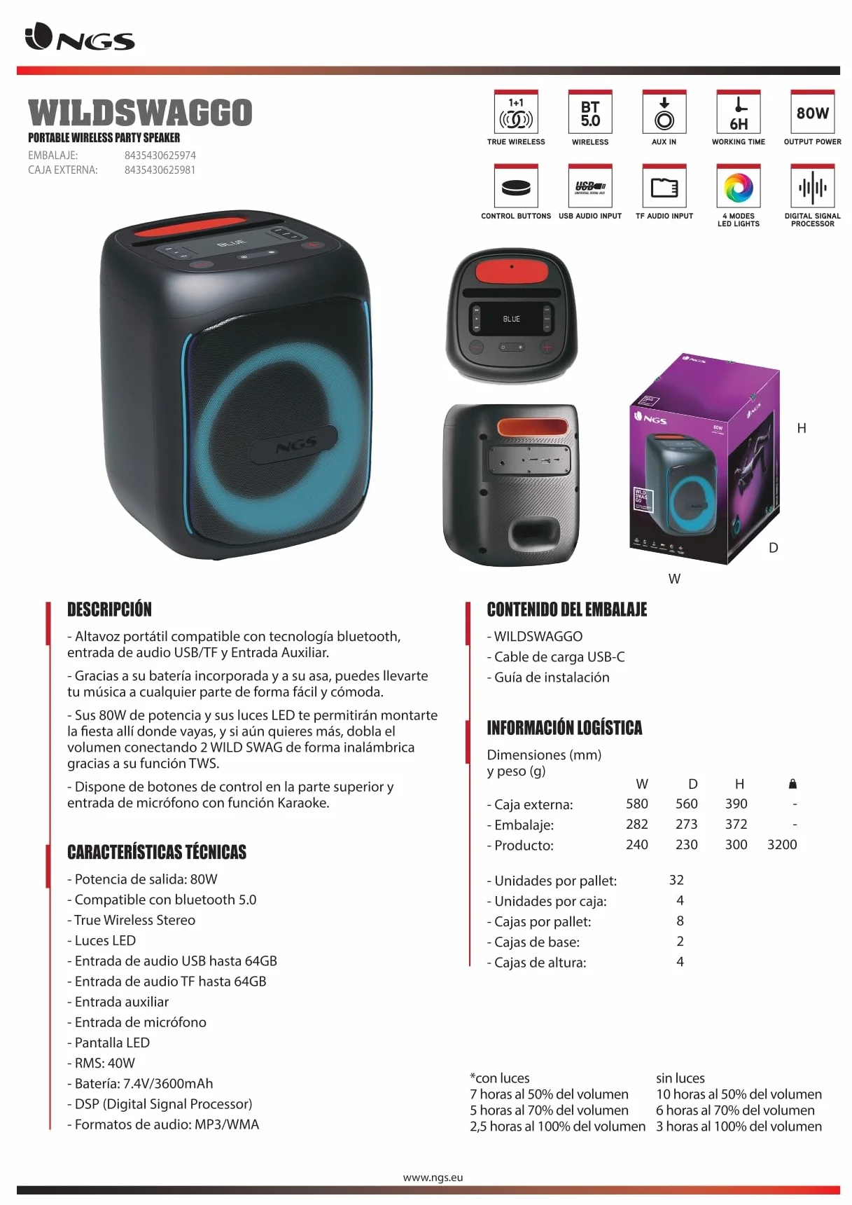 NGS Wild Swag Go przenośny głośnik, kompatybilny z technologią Bluetooth 5.0, True Wireless Stereo, diody LED i ekran, wejście USB, TF i Aux-Audio, 24 x 23 x 30 cm, 80 W, kolor