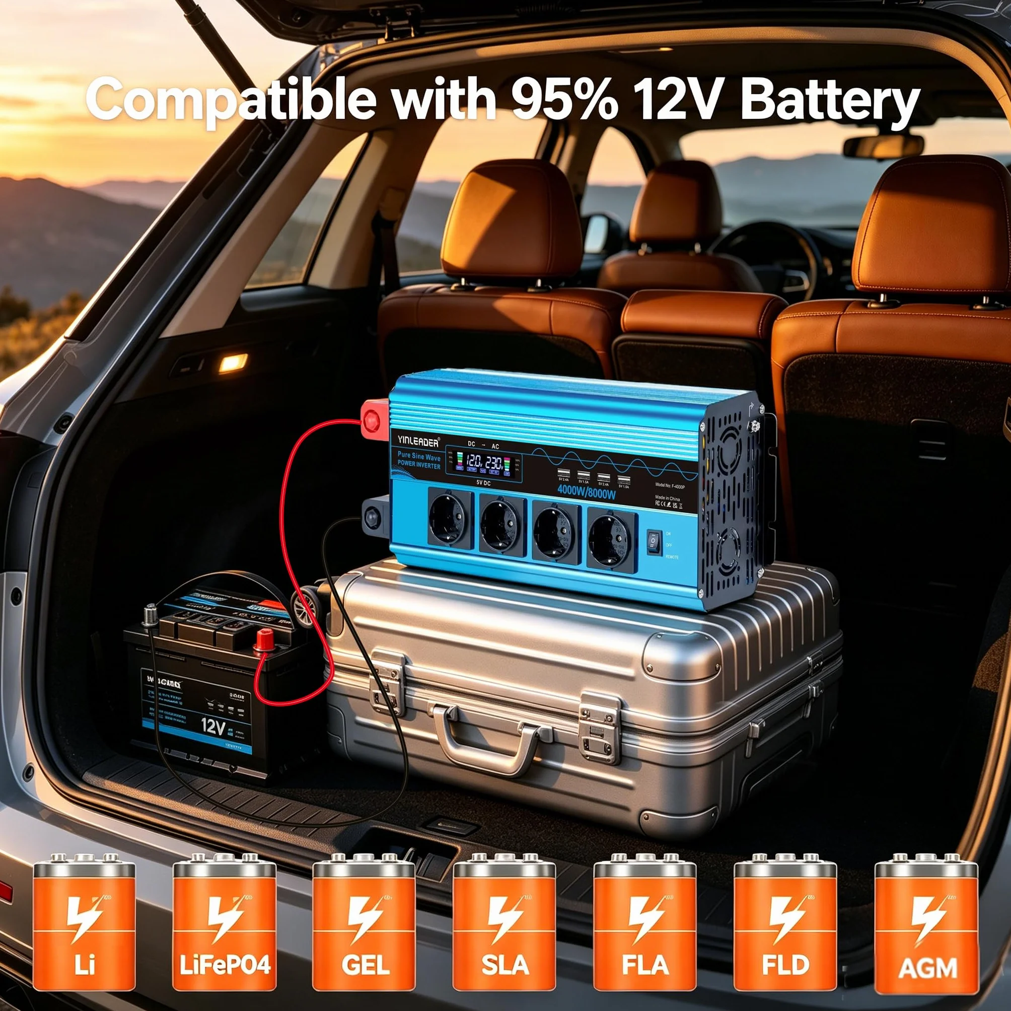 Yinleader Konwerter napięcia 12V 220V czysty sinus 4000 W/8000W LCD konwerter napięcia, 4 USB (z pilotem)