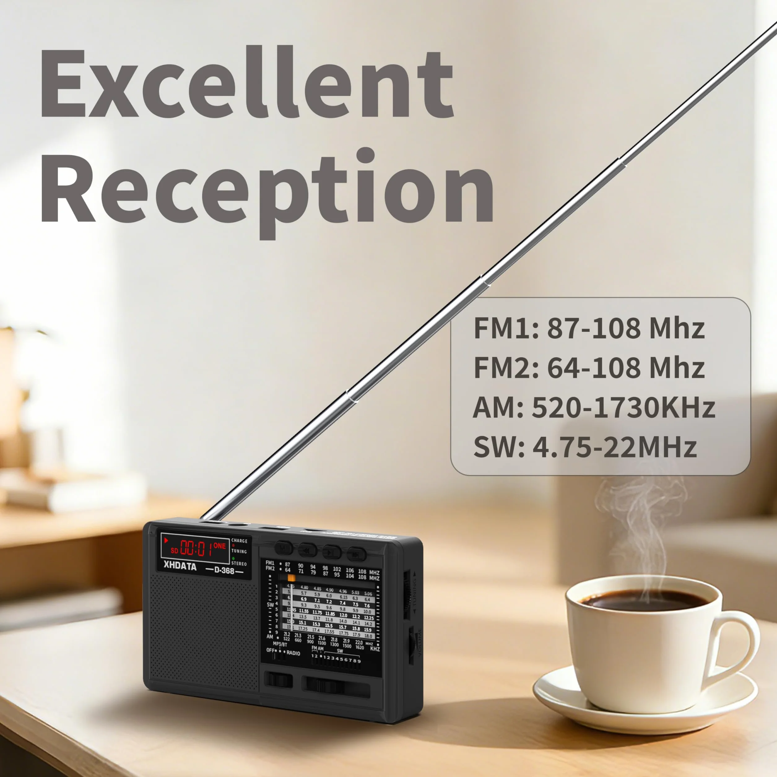 XHDATA D368 Przenośne Radio Tranzystorowe Kompaktowe FM/AM(MW)/SW Mini Z Bluetooth USB TF Na Baterie
