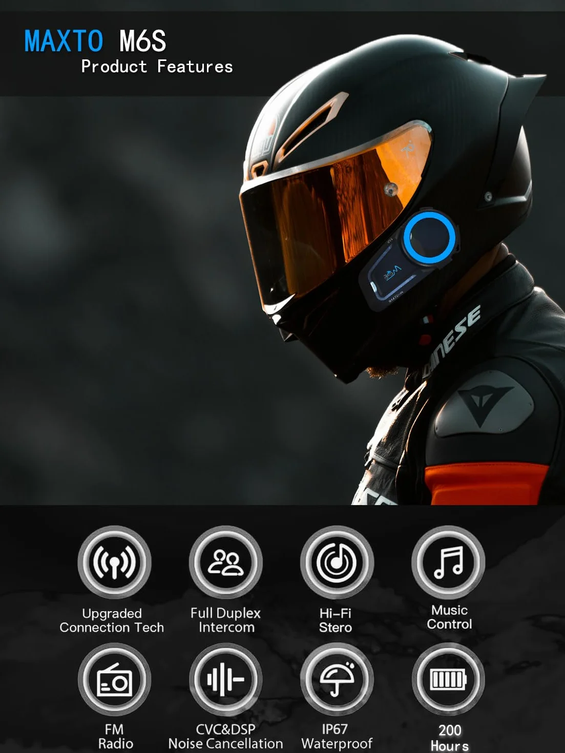 MAXTO Zestaw słuchawkowy Bluetooth do motocykli, interkom z siateczką, system komunikacji 1000 M do motocykli, interkom dla 8 kierowców, redukcja szumów CVC + DSP, wodoszczelność IP67, 2 sztuki w