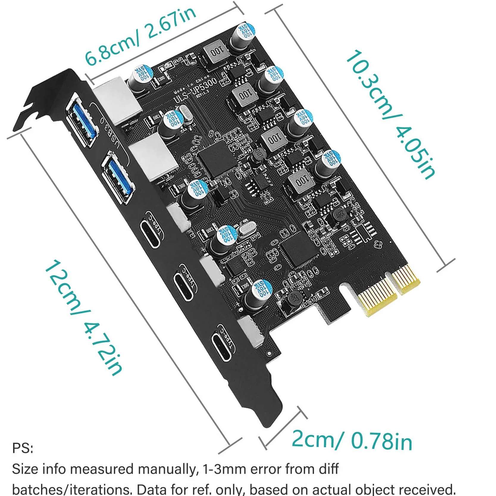 Karta PCIE 5-Portowa (3X USB C, 2X USB 3.0-A) Rozszerzeń PCI Express - Wewnętrzny Hub Dla Komputera Stacjonarnego - Windows 10/8/7 i MAC OS 10.8.2+