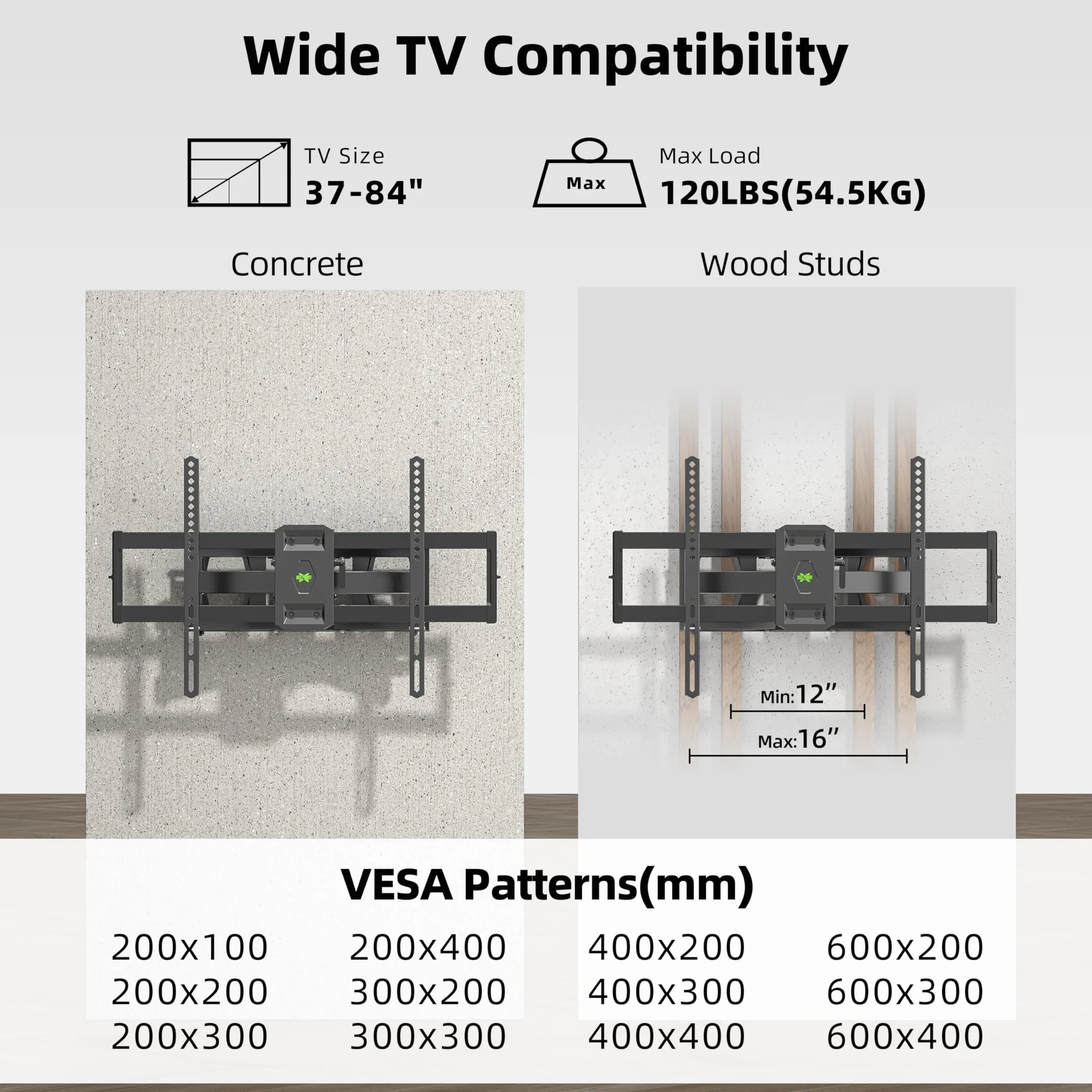 Wspornik do montażu telewizora Max VESA 600 x 400 mm do większości telewizorów płaskich/LED/4K, USX MOUNT Full Motion TV naścienny podwójny obrotowy uchylny przegubowy 6 ramion do 16 cali drewniany trzpień, nośność 45 kg