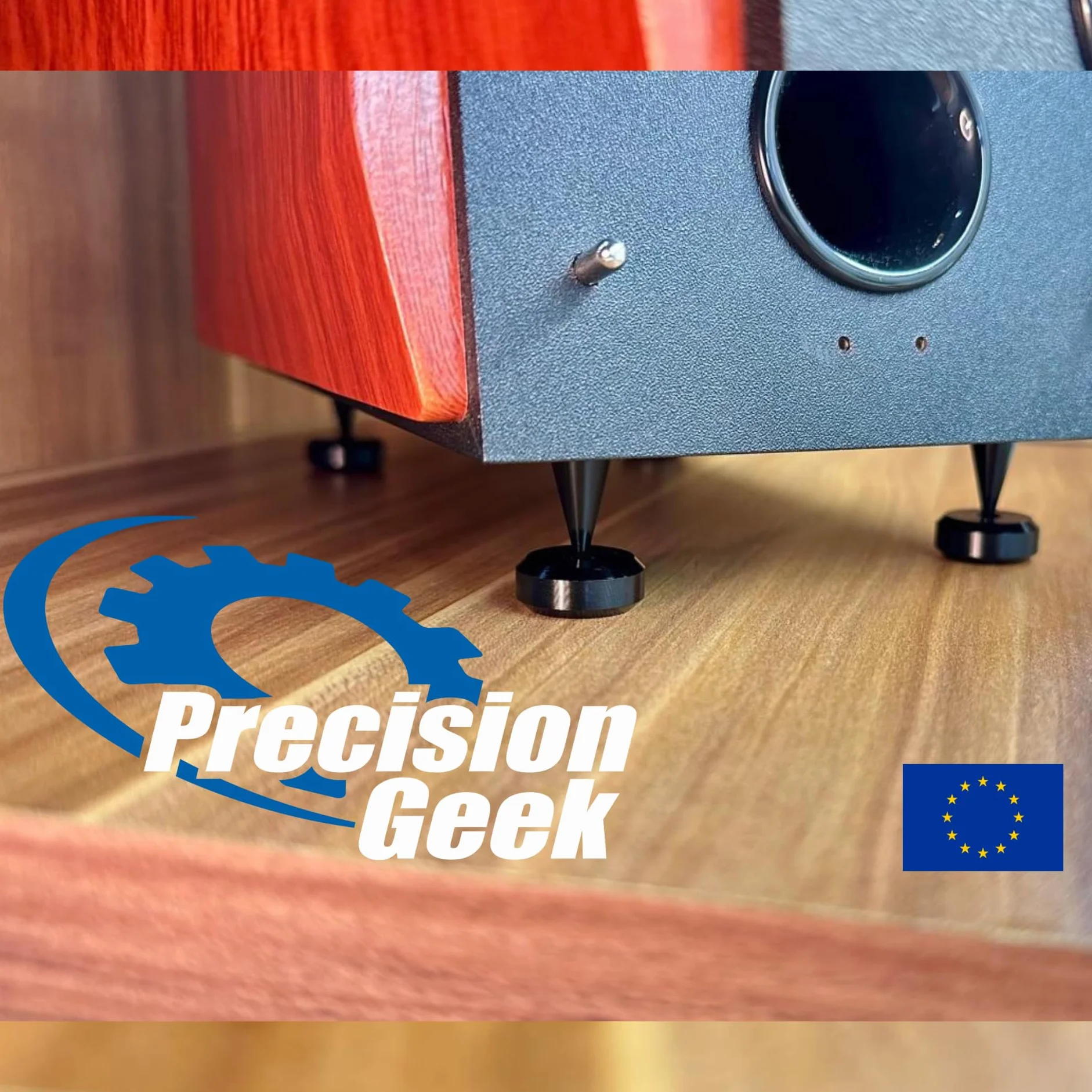 PrecisionGeek® Zestaw kolców i podkładek do głośników M6, czarne, anodowane aluminium, 4 x kolce Ø 10 mm + 4 x podkładki Ø 20 mm (fazowane), izolacja antywibracyjna do głośników HiFi, stojaków i