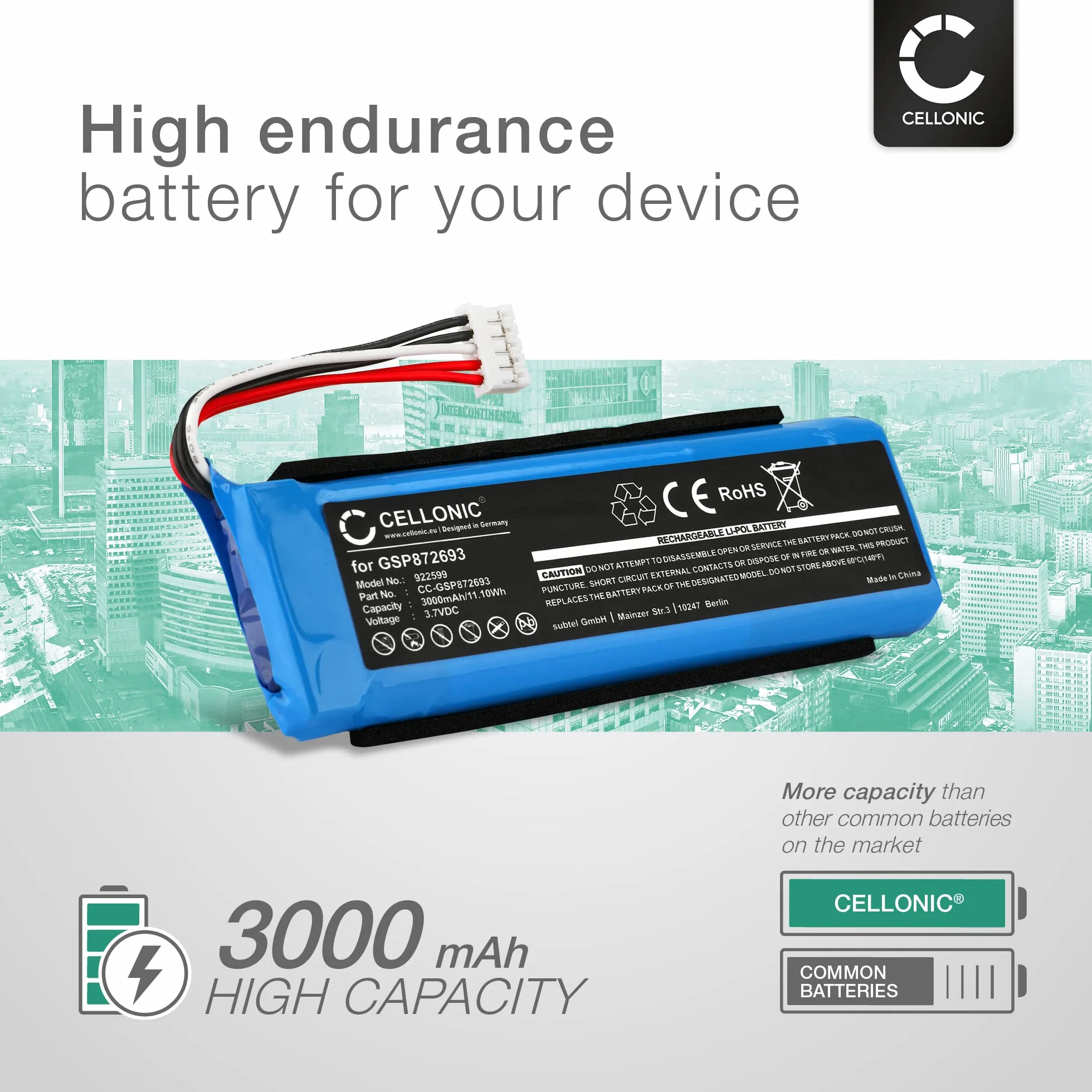 CELLONIC® Wysokiej jakości akumulator kompatybilny z JBL Flip 3, GSP872693, P763098 03 3000 mAh + zestaw narzędzi akumulator zapasowy bateria