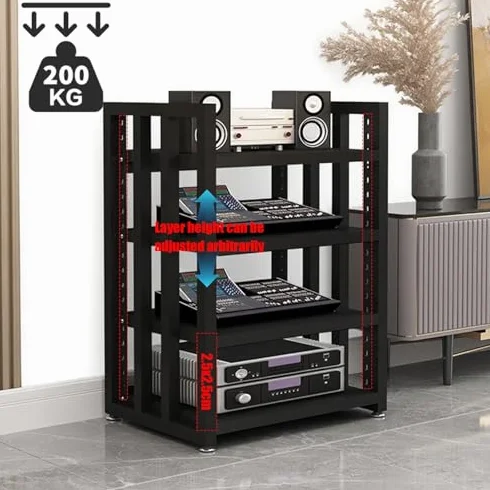 4-Poziomowa Metalowa Półka Na Sprzęt Audio, Regulowana Szafka Z Płyty Mdf, Organizer Na Sprzęt Audio Do Salonu, Do Gier, Studia Nagrań – Wykończenie Z Białego Drewna, Czarny Tek, 4-Poziomowa