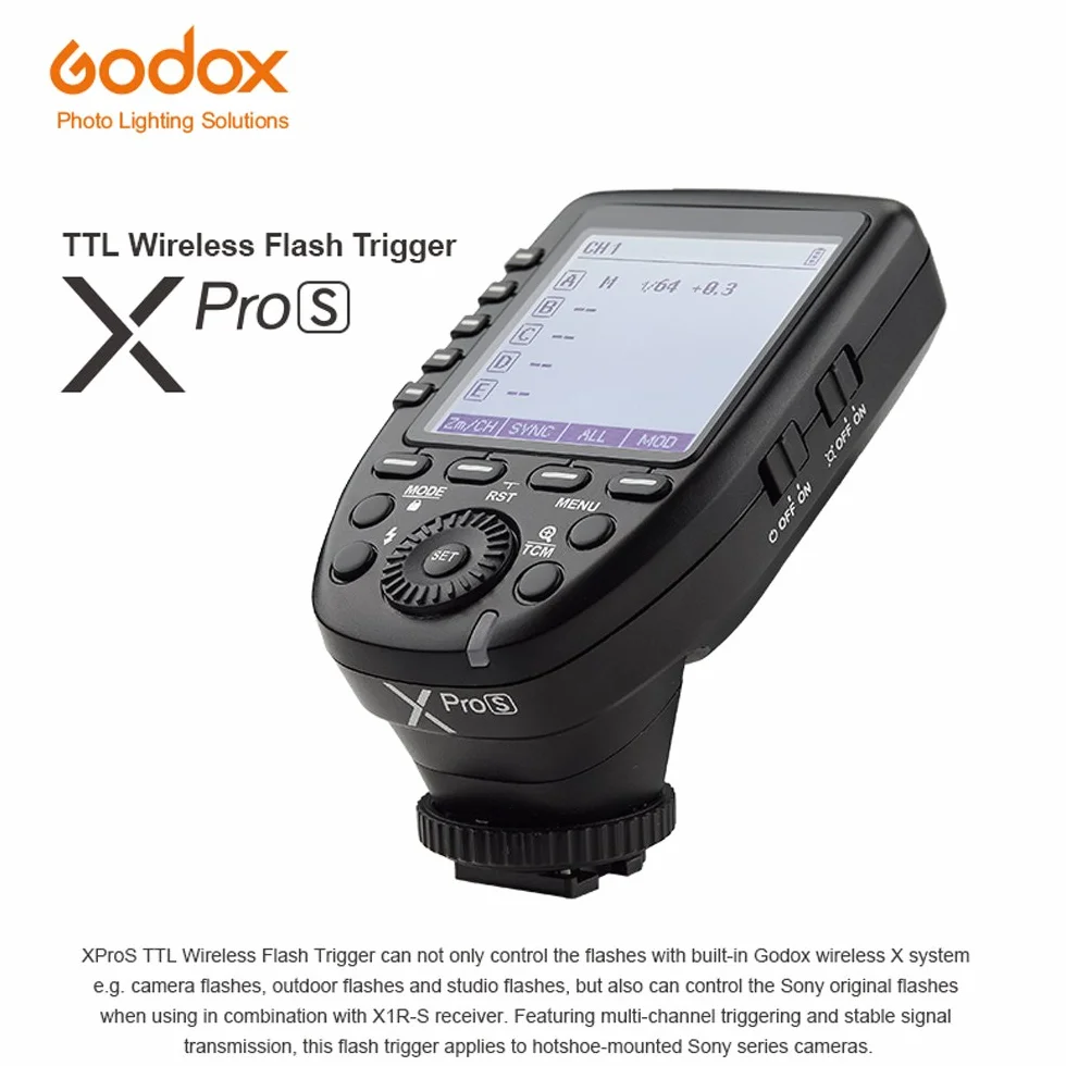 Godox XPro-S TTL bezprzewodowy wyzwalacz lampy błyskowej do kamery Sony Wirless X System 1/8000s HSS z dużym ekranem LCD ukośna konstrukcja TTL-Convert-ręczna funkcja nadajnik flash