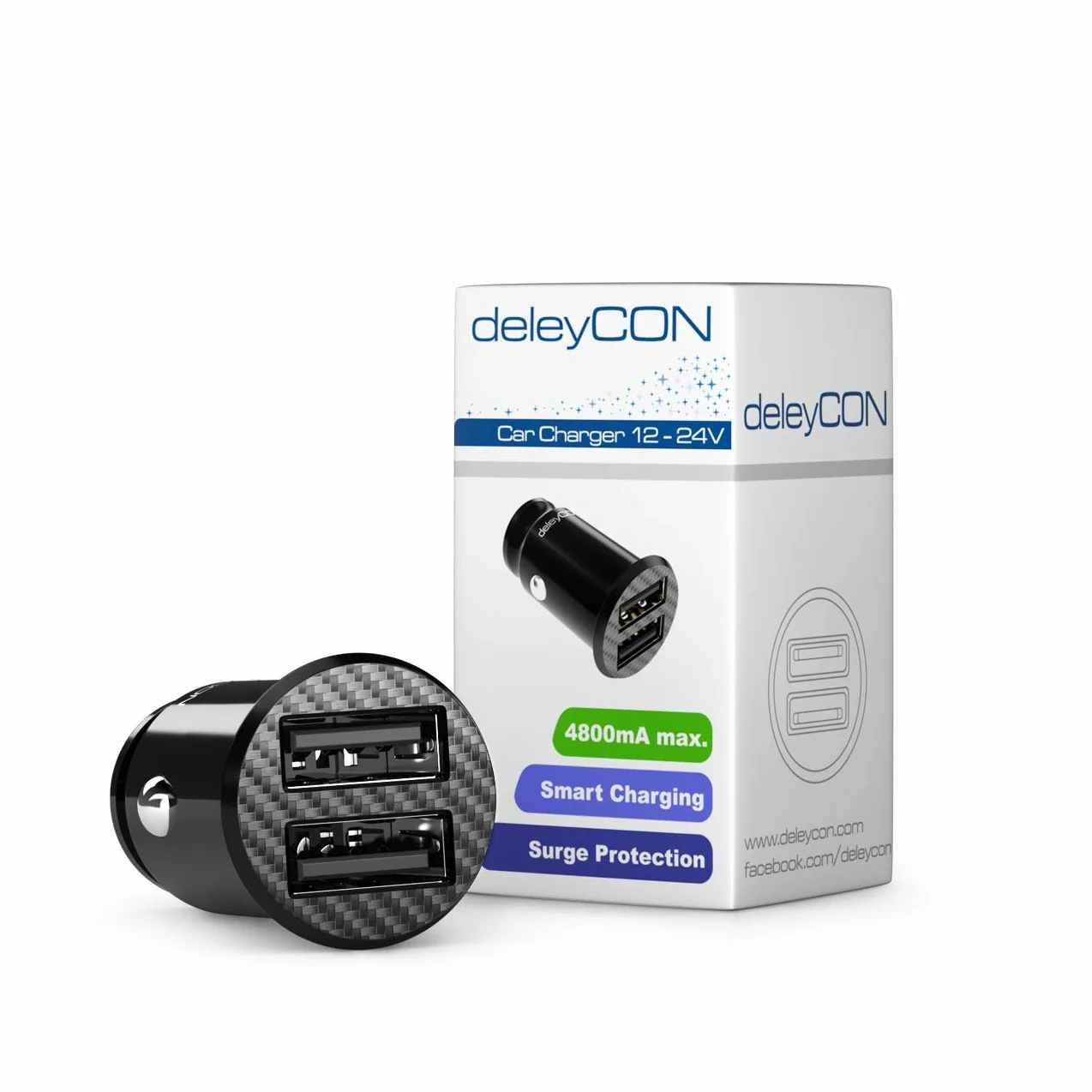 deleyCON 4,8A Zapalniczka Ładowarka USB - Szybkie Ładowanie 4800mA 2-Portowe USB - Mini Samochodowa Kompatybilna z iPhone 17 16/15/14/13, iPad Pro/Air 2/Mini, S25/S24 i Nie Tylko