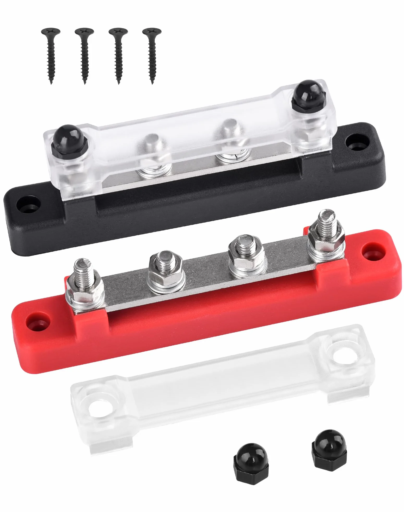 2 sztuki szyn zbiorczych 12 V-48 V DC 150 A, szyny zbiorcze, blok rozdzielczy z 4 x bolcami zaciskowymi M6 12 V, blok rozdzielczy zasilania z pokrywą, rozdzielacz 12 V, do samochodów RV, ciężarówek,