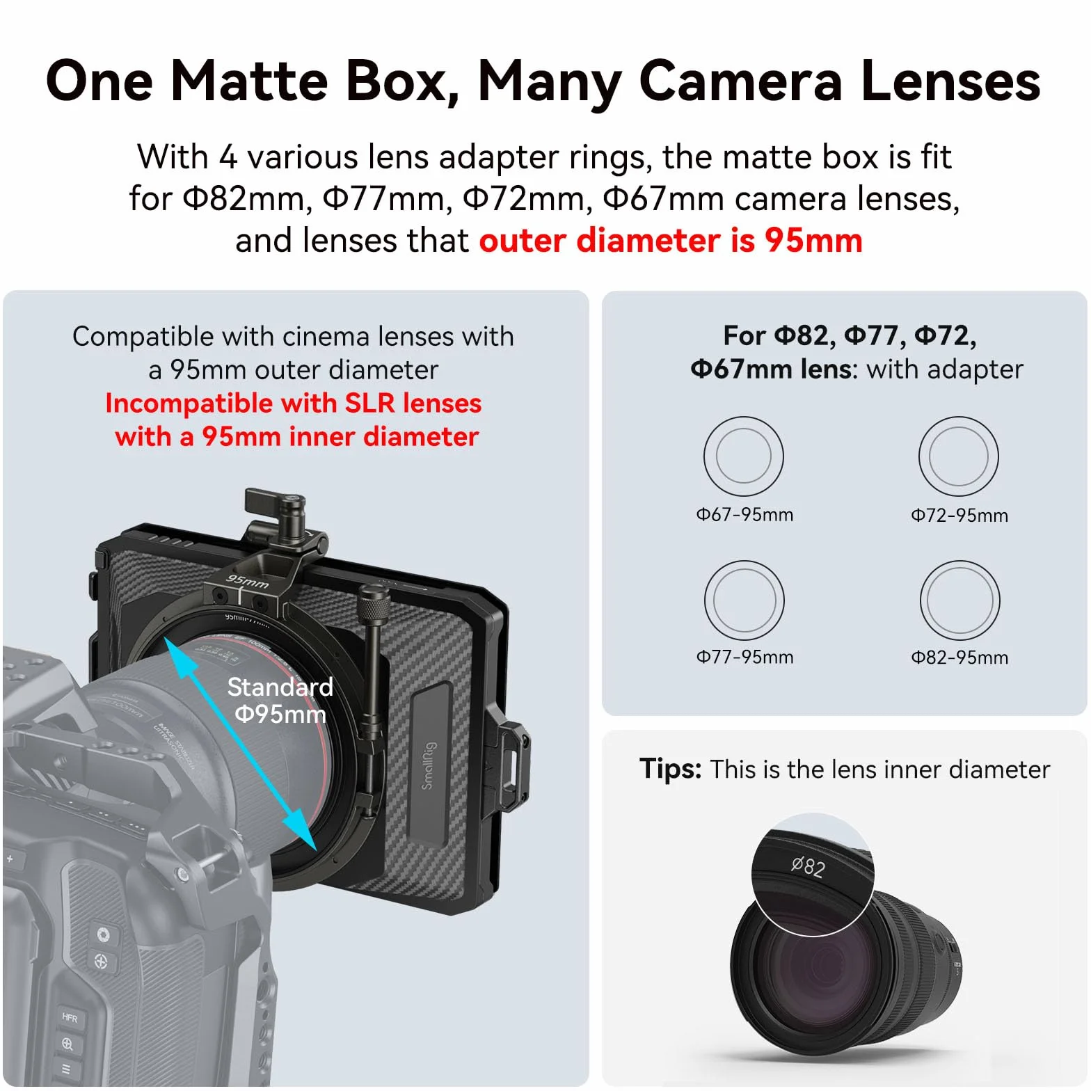 SMALLRIG Mini Matte Box Lite z Flagą Górną do Lustrzanek Cyfrowych i Aparatów Bezlusterkowych, Kompatybilny z Obiektywami 67mm/72mm/77mm/82mm/95mm, Dostarczany z Tacą na Filtry - 3575