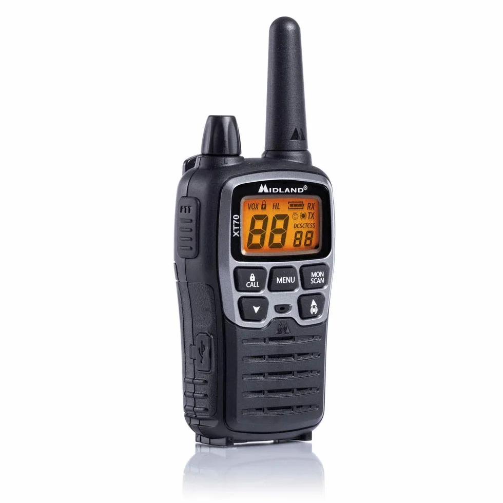 Midland XT70 C1180, Radio Dual Band Ricetrasmittente Professionale Walkie Talkie Szybkie Ładowanie, Format 69 LPD i 24 PMR446, Zasięg 12 km, 38 Tonów, 83 Kody, Zestaw 2 Ricetrasmettitori, Szary