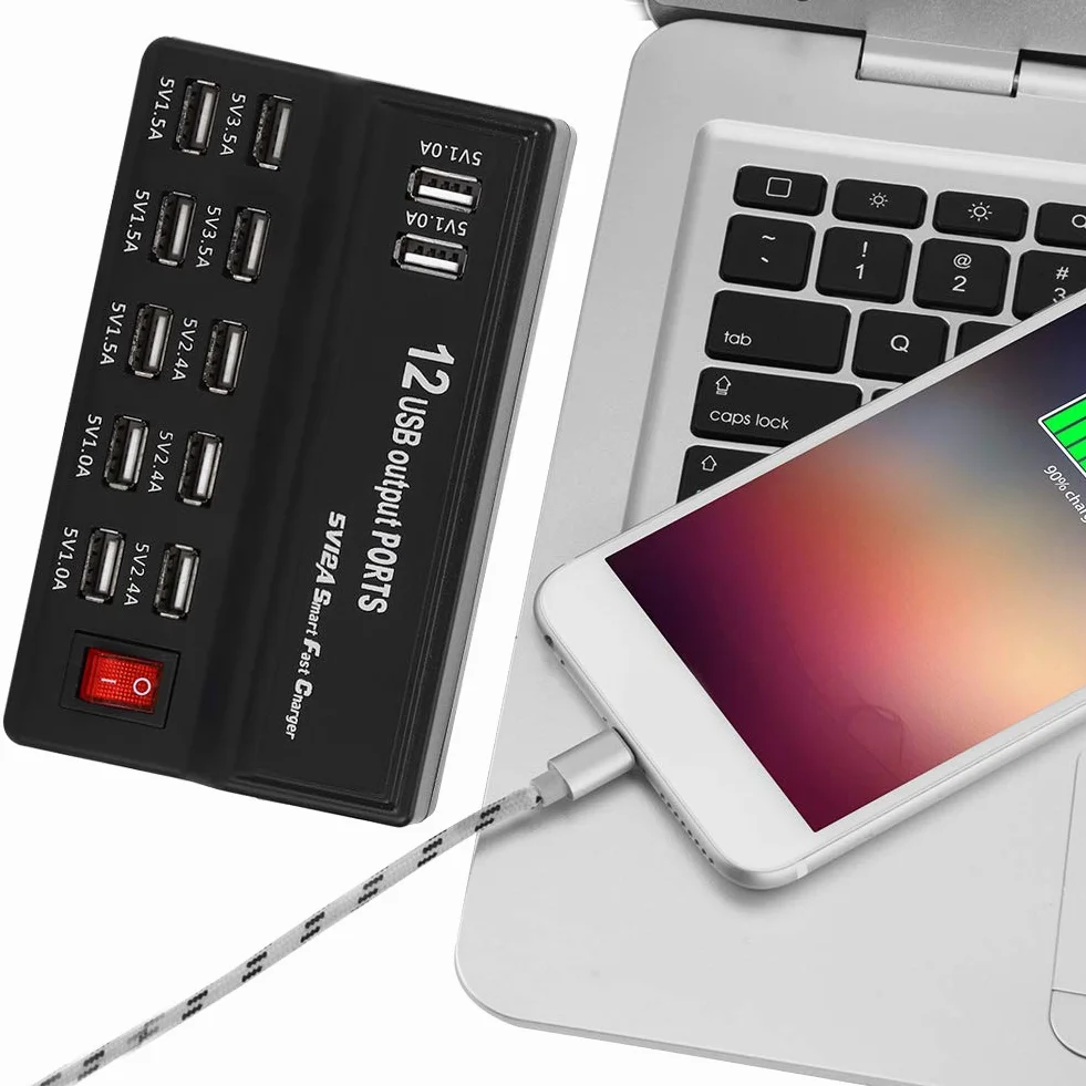 12-portowa Ładowarka USB z Inteligentnym Szybkim Ładowaniem dla Wielu Urządzeń, Ładowarka Do Telefonu Komórkowego, Tabletu, Laptopa, Wentylatora - Idealna Do Domu, Biura i Podróży