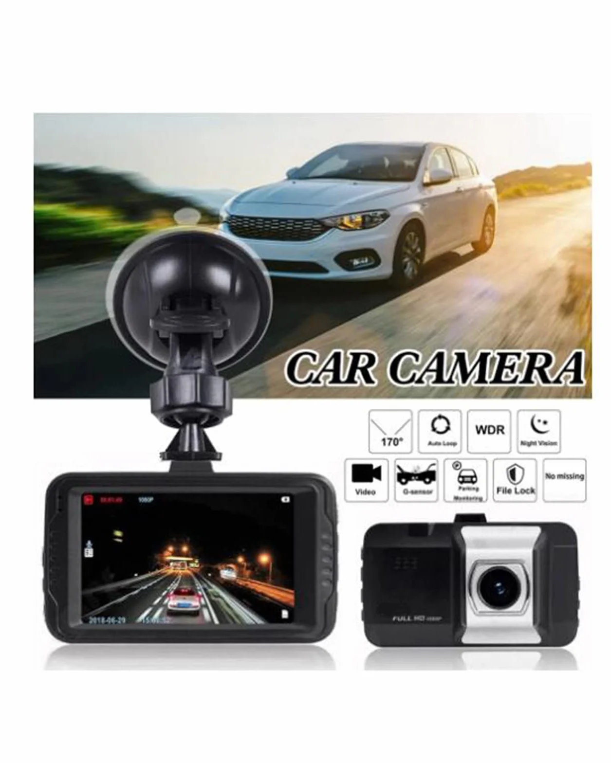 Dash Cam 3 "Ekran Rejestrator jazdy 170 ° Noktowizor na podczerwień Rejestrator jazdy Kamera samochodowa Samochód DVR Box Ładowarka samochodowa