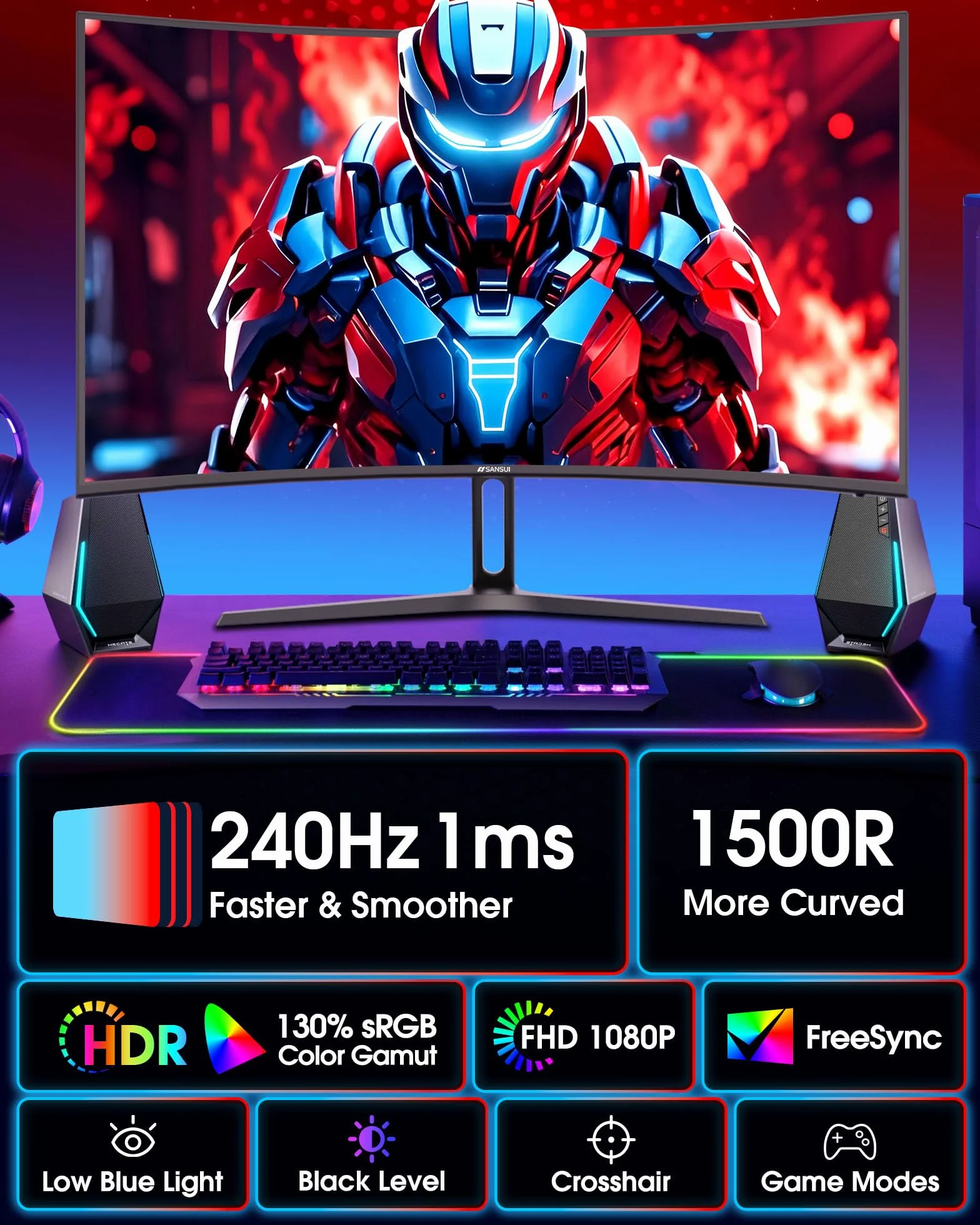 SANSUI Zakrzywiony monitor do gier 27 cali 240 Hz FHD 1080P, zakrzywiony monitor komputerowy 1500R, 130% sRGB, kontrast 4000:1, HDR, FreeSync, MPRT 1Ms, niskie niebieskie światło, porty HDMI DP