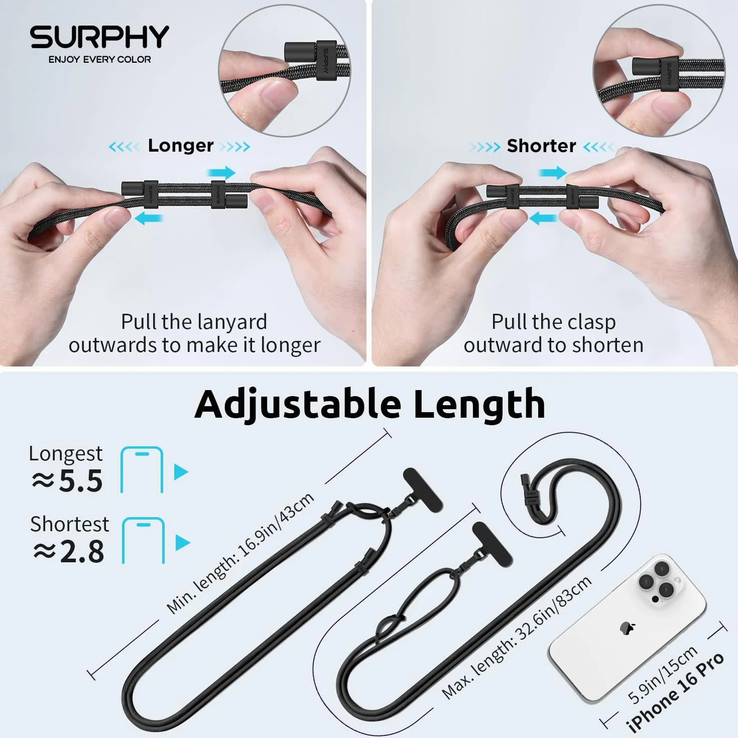 SURPHY Uniwersalna Smycz, Regulowany Pasek do Telefonu Komórkowego, Kolorowy dla Wszystkich Smartfonów, Smycz kompatybilna z Etui na Telefon Airpods, Pamięć USB