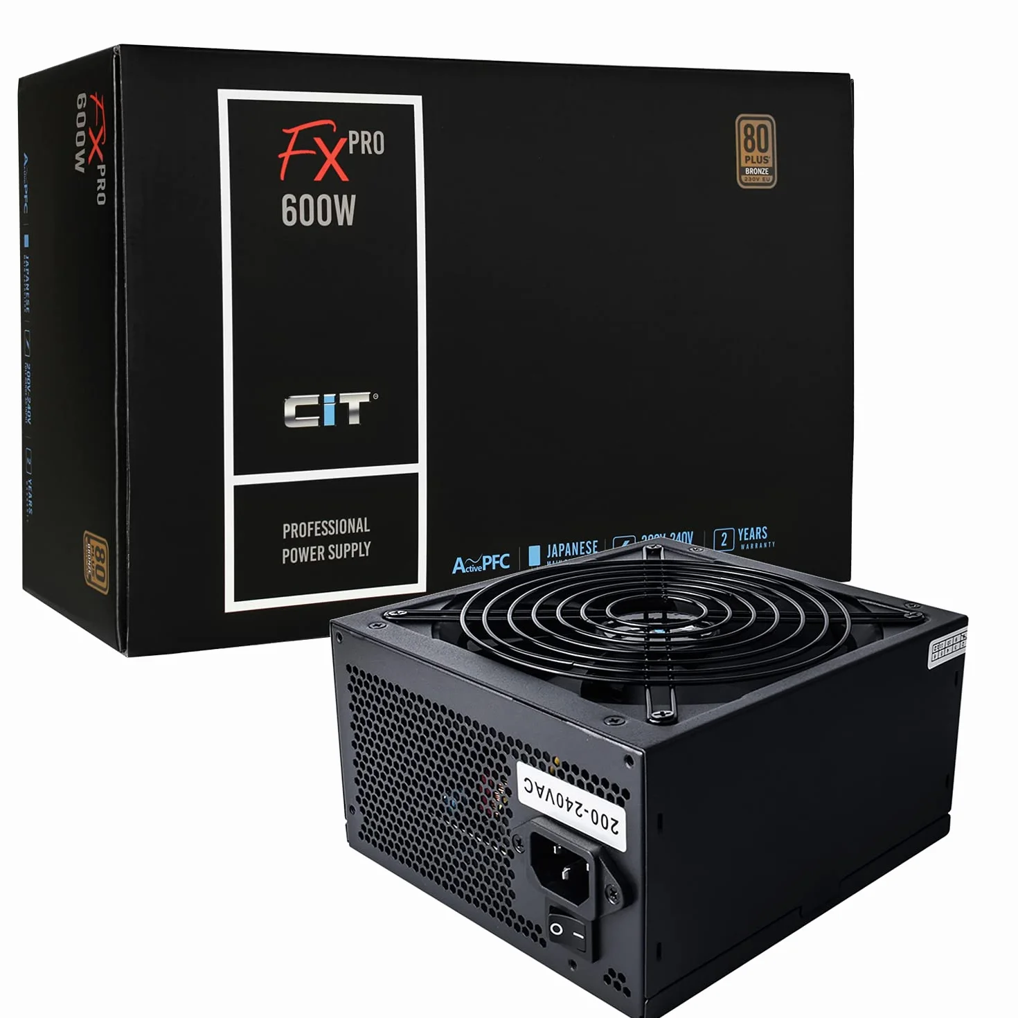 CiT Zasilacz FX Pro 600 W (bez kabla zasilającego), niemodułowy, APFC, japoński kondensator główny Tk, brąz 80 Plus, wydajność 88%, wentylator chłodzący 14 cm, dla profesjonalnych graczy | czarny