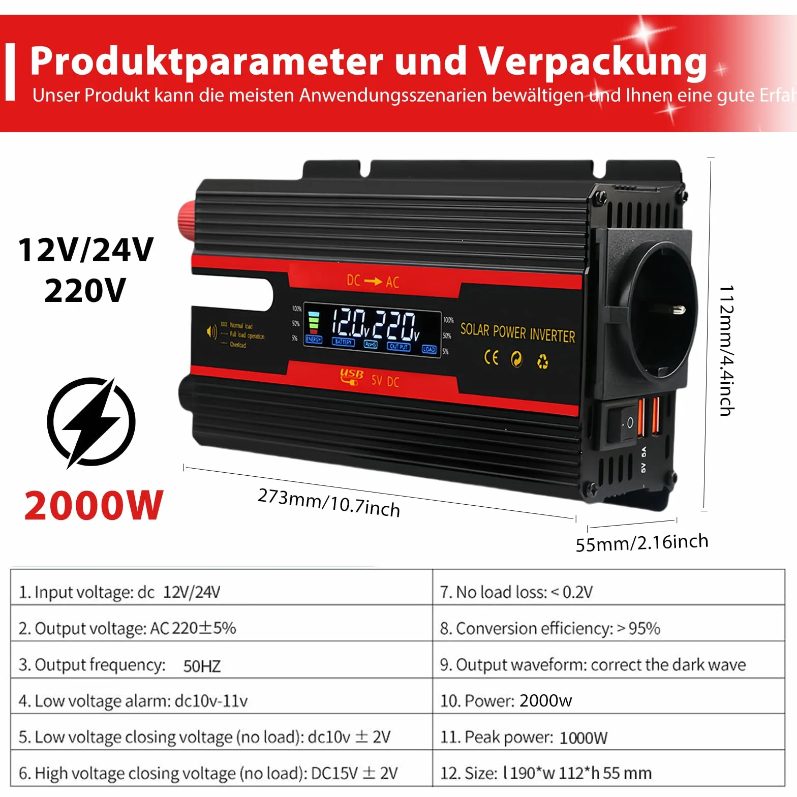 Przetwornica napięcia DC 12 V/24 V na AC 230 V, zmodyfikowana fala sinusoidalna, 2000 W, z wtyczkami UE, 2 USB i wyświetlaczem LCD, adapter do samochodu, ciężarówki, przyczepy kempingowej