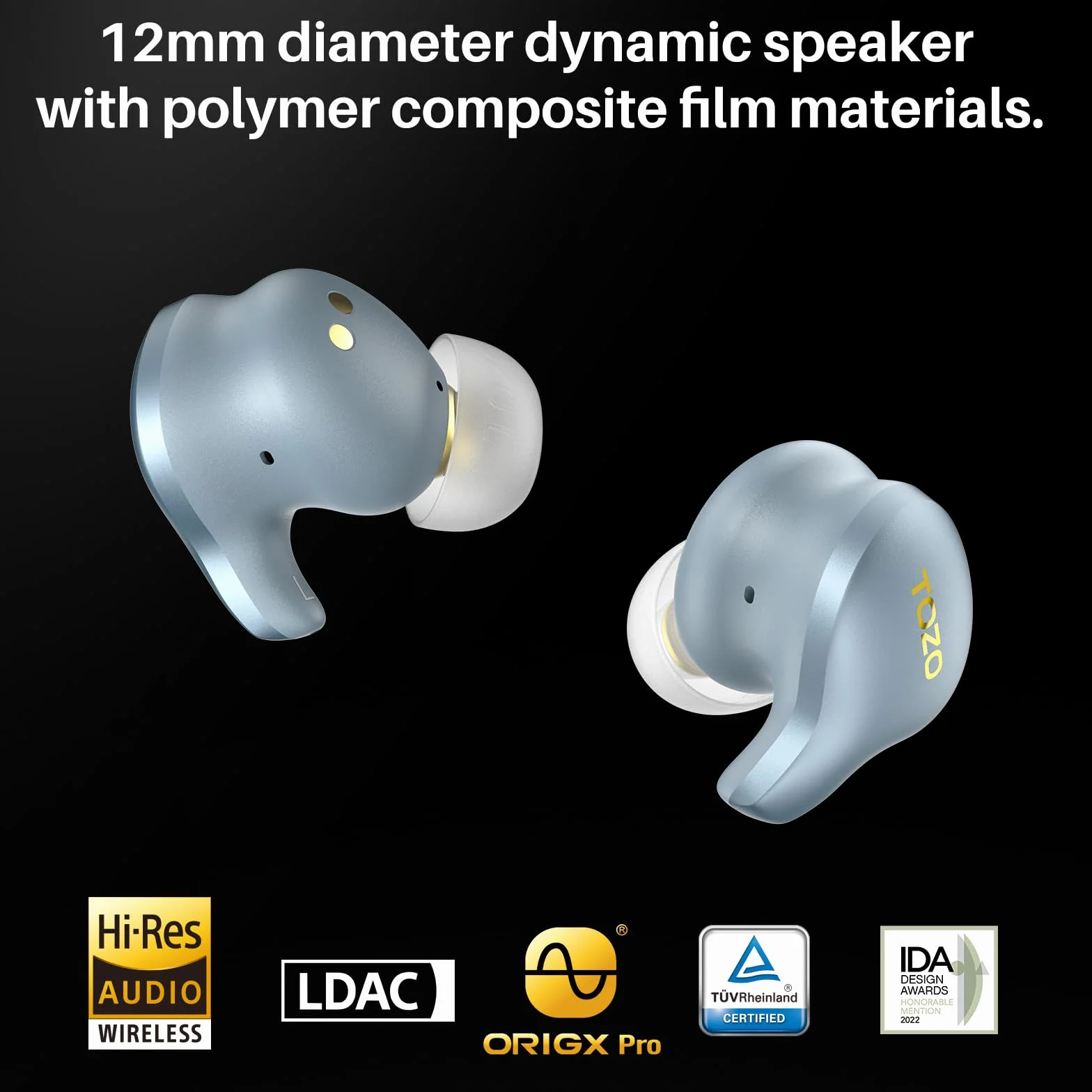 TOZO Golden X1 Bezprzewodowe słuchawki douszne Bluetooth, przetwornik Balanced Armature Driver i hybrydowy przetwornik dynamiczny OrigX Pro, LDAC i redukcja szumów Hi-Res Audio, Niebieski