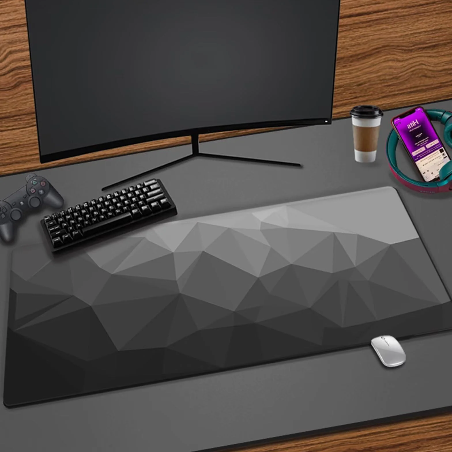 Podkładka pod mysz, czarna geometria, 1200 x 600 mm, szeroka, wysuwana podkładka pod mysz z krawędziami, antypoślizgowa gumowa podstawa, podkładka pod mysz do gier dla graczy