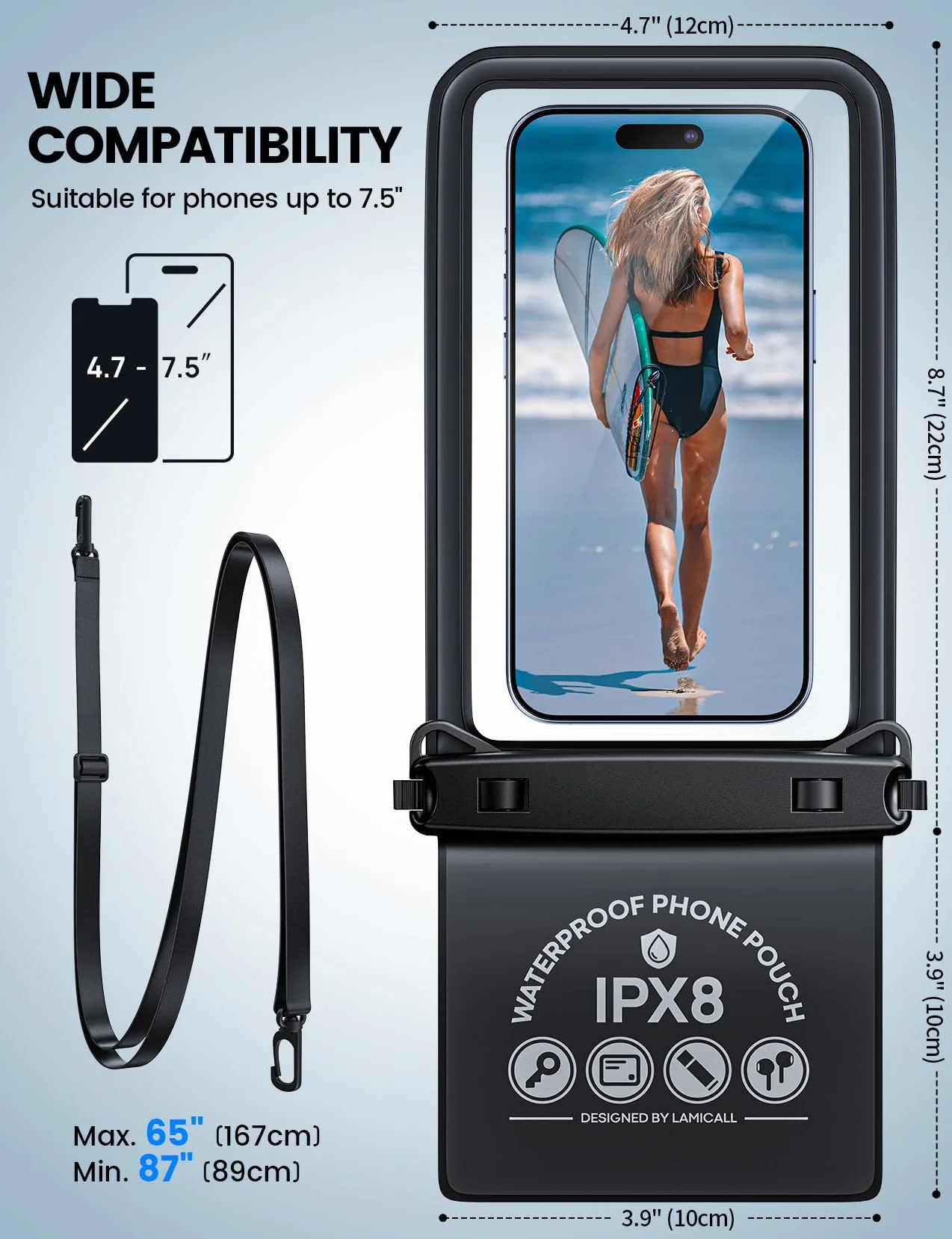 Lamicall wodoodporna torba na telefon IPX8 - [Projekt dwupoziomowy] 7,5-calowa wodoodporna otoczka podwodna do pływania, sucha torba z lanyardem do iPhone 16 15 14 13 12 11 serie,pasuje do 7,5”