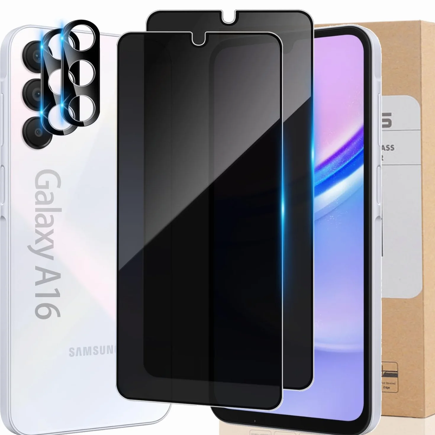 [2 + 2 sztuki] do Samsung Galaxy A16 5G ochrona ekranu ze szkła hartowanego 17.0 cm z osłoną obiektywu aparatu, przyjazna dla etui, ochrona przed szpiegiem, twardość 9H, odporna na
