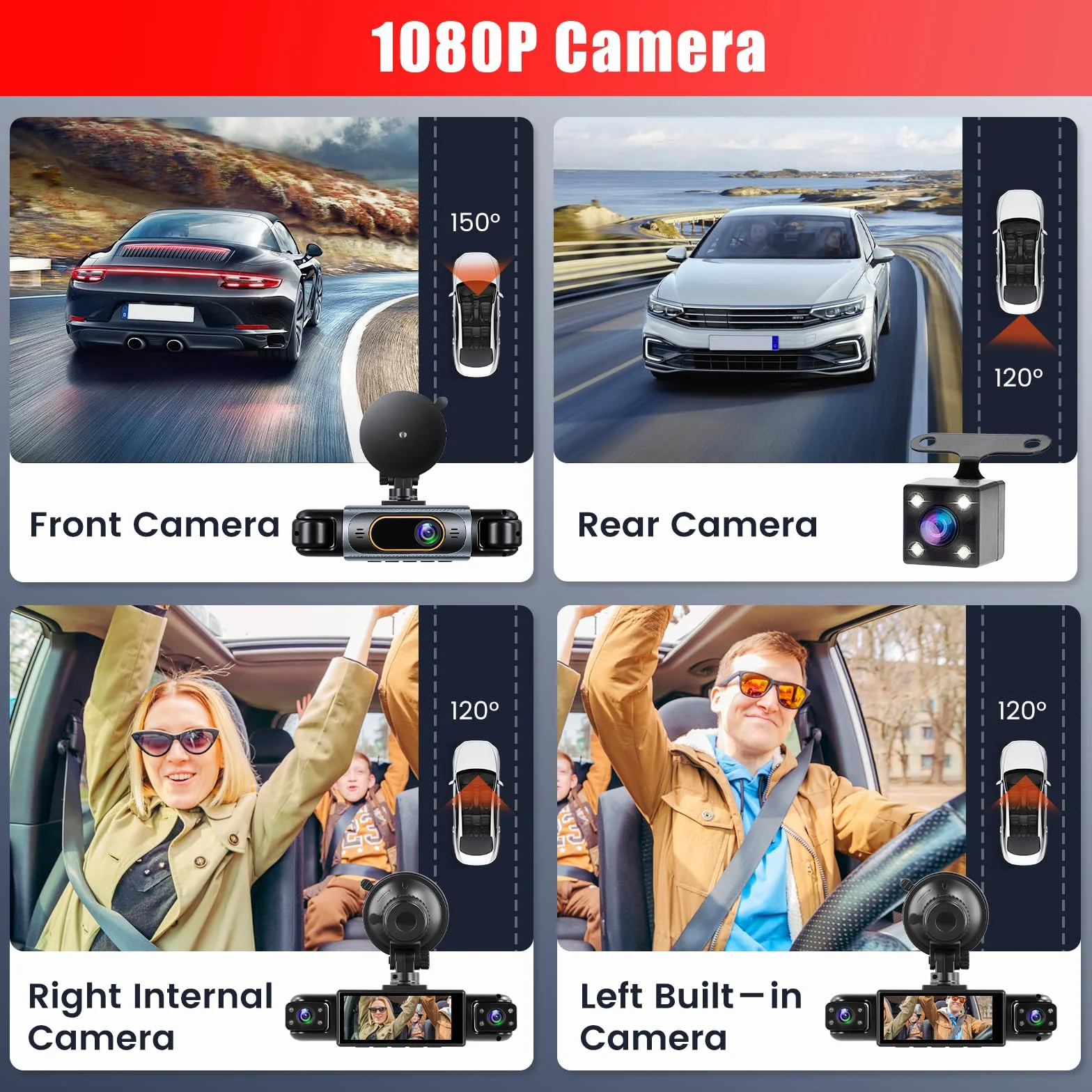 1080P Dash Cam 360 stopni 4 kanały ekranu 3,16 cala | Dashcam z kartą SD 64G G czujnik, kamera cofania, tryb parkowania 24H, noktowizor, nagrywanie w pętli