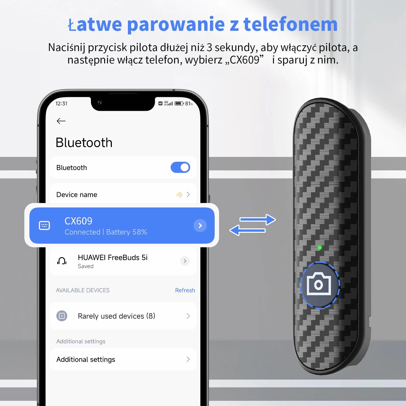 TONEOF Bezprzewodowy Pilot, Ładowalny Pilot do Aparatu dla Smartfonów Selfie Stick, Zasięg 10M Selfie Clicker, Natychmiastowe Połączenie, Kompatybilny z iOS i Android(CX609, Czarny)