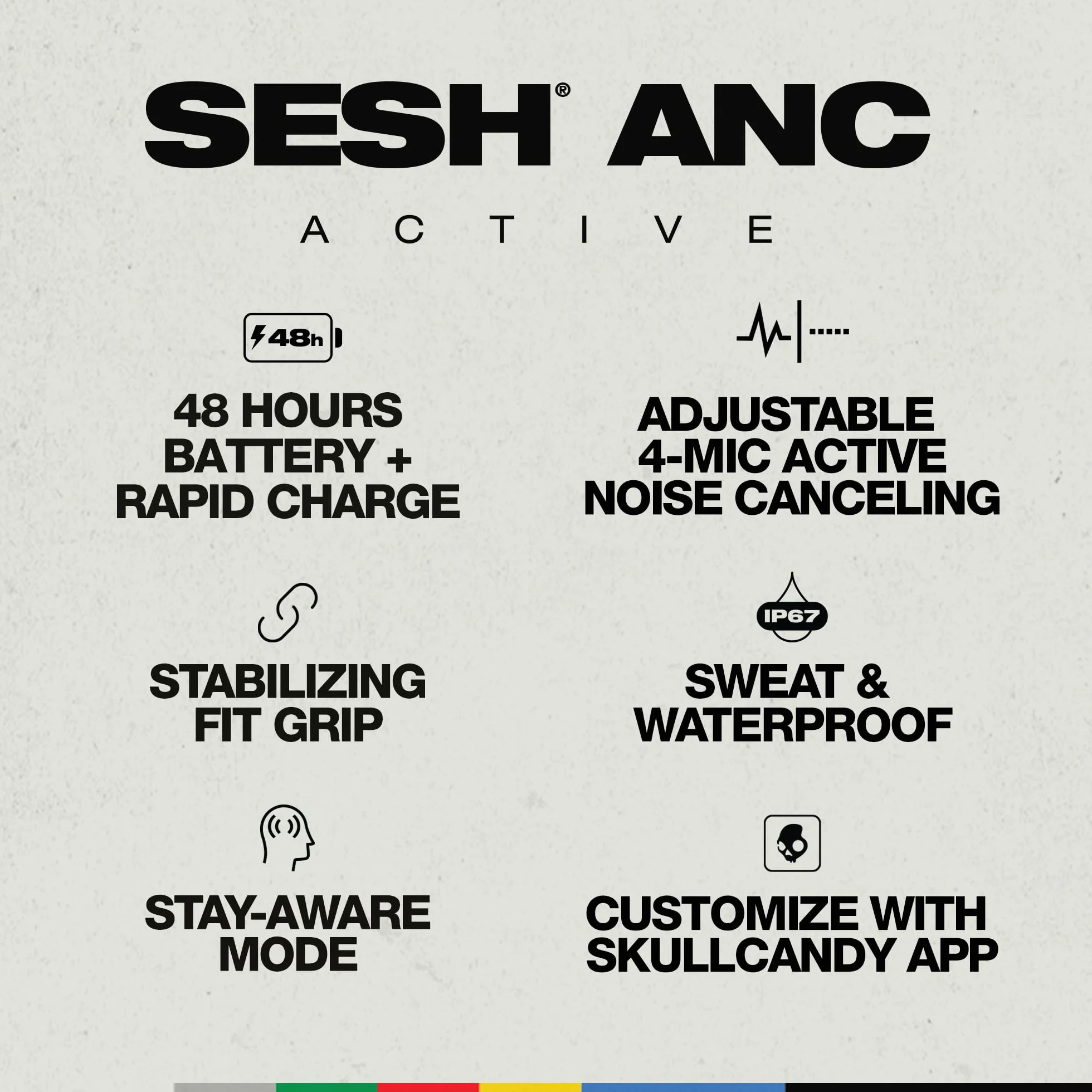 Skullcandy Sesh ANC Active, Bezprzewodowe Słuchawki Douszne z Aktywną Redukcją Szumów, 48 godz. Słuchania, Mikrofon, Obsługa iPhone’a, Androida i urządzeń Bluetooth – czarny/pomarańczowy