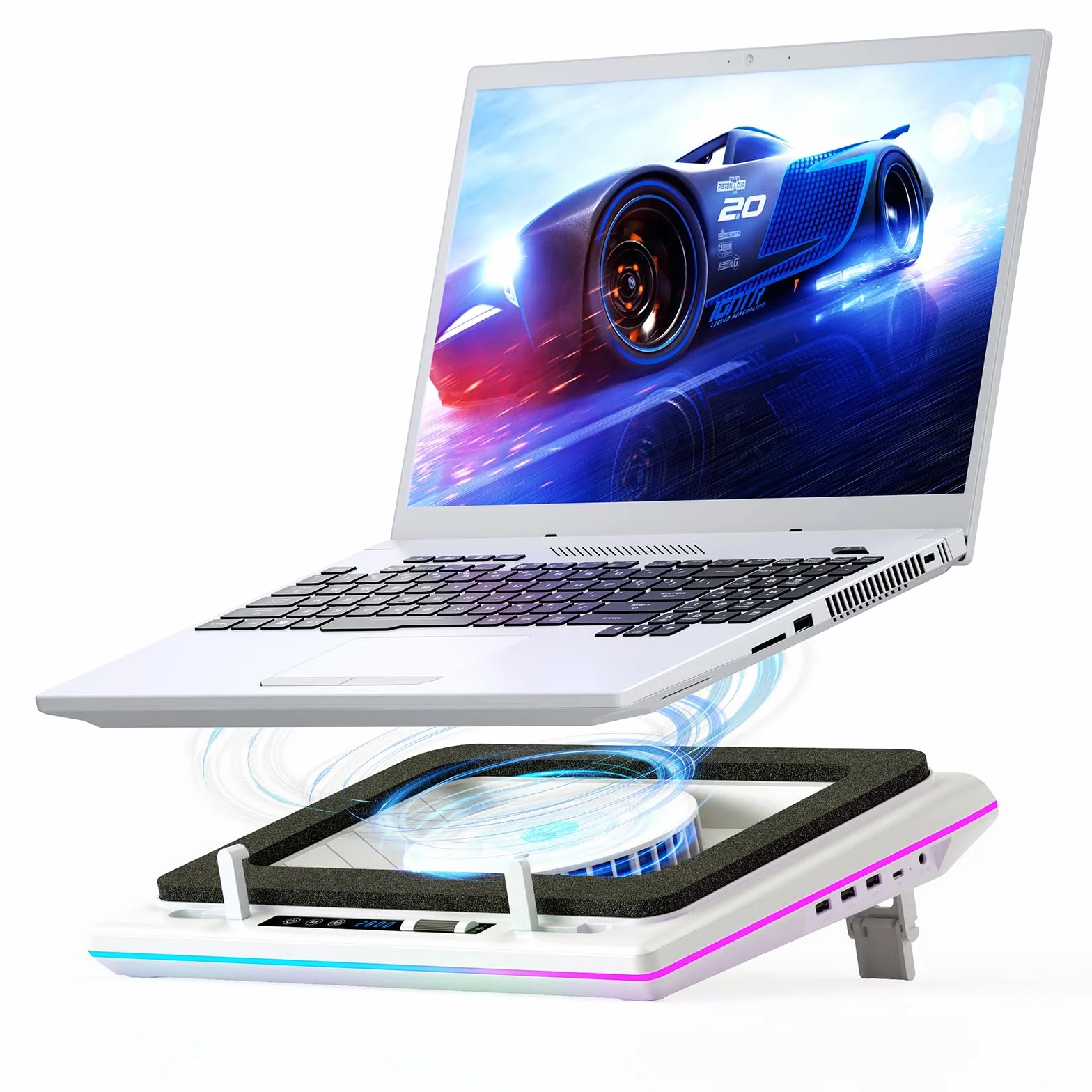 Chłodnica do laptopa z RGB 14 cm bardzo duży wentylator turbo, regulowana prędkość, pianka uszczelniająca, 3-portowy koncentrator USB do laptopów 39,6 cm