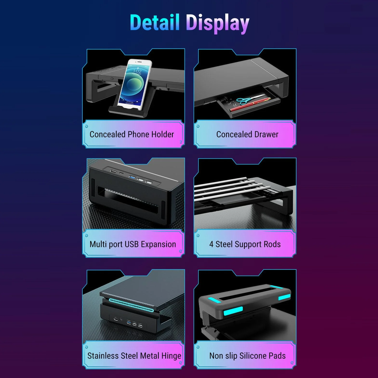 Jectse Podstawa Pod Monitor z 4 Portami USB, Podstawka Pod Monitor z regulacją Wysokości i ładowarką do Telefonu, Koncentrator Portów USB i Schowek na Szuflady, Organizer na Biurko z