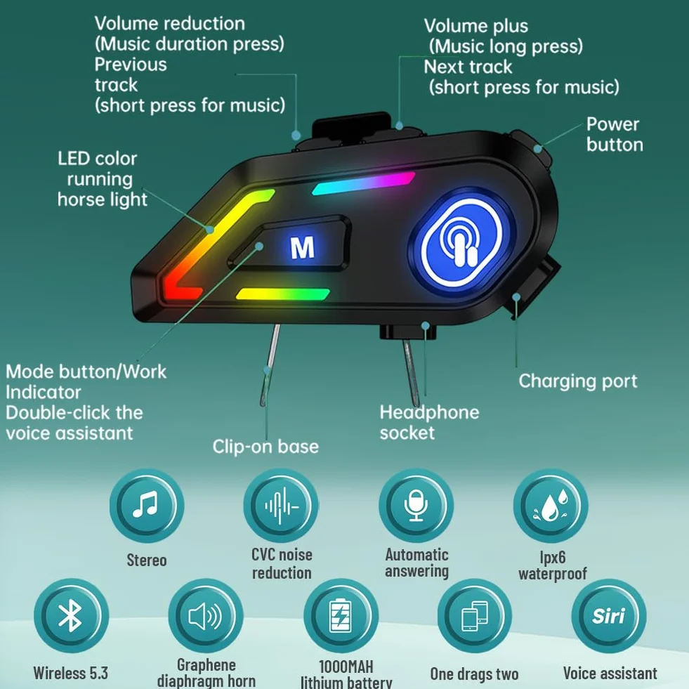 Flintronic Zestaw słuchawkowy motocyklowy, zestaw słuchawkowy Bluetooth do większości kasków, długa żywotność baterii, redukcja szumów, kompatybilne z systemem Android, Apple, do motocykli, rowerów
