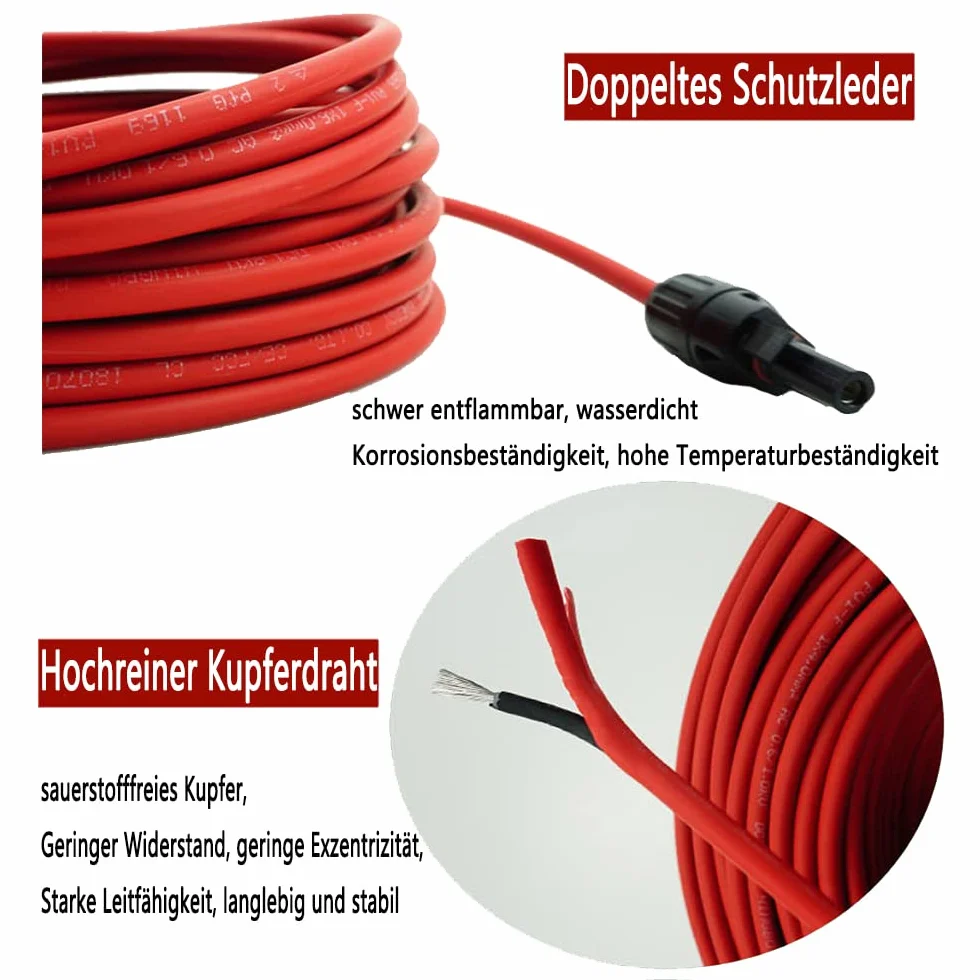 Profesjonalny kabel połączeniowy, przedłużacz (6 mm²/4 mm²), czerwone i czarne linie, kabel solarny wraz z zamontowaną wtyczką solarną po obu stronach (6 mm²-10 m)