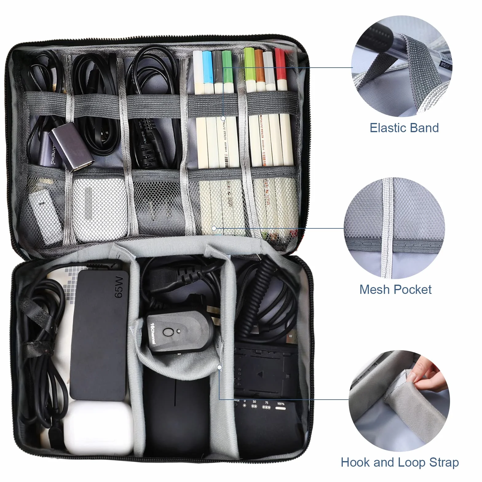 AiQInu Data cable storage bag-Grey Torba na kable, uniwersalny organizer na kable, 2 warstwy, wodoszczelny, regulowany organizer na kable do ładowania, powerbank, pamięć USB, karty SD, szary