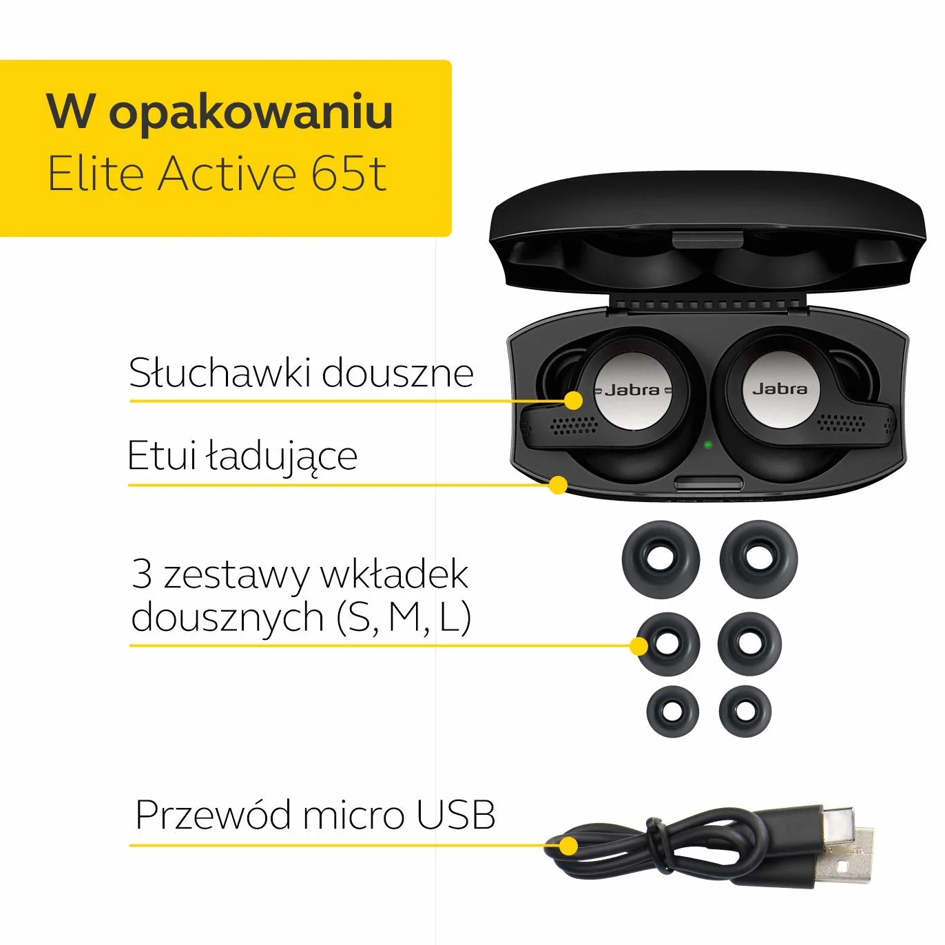 Jabra Elite Active 65t - sportowe słuchawki douszne Bluetooth z pasywną redukcją szumów i czujnikiem ruchu do ćwiczeń - bezprzewodowe połączenia i muzyka - tytanowo-czarny