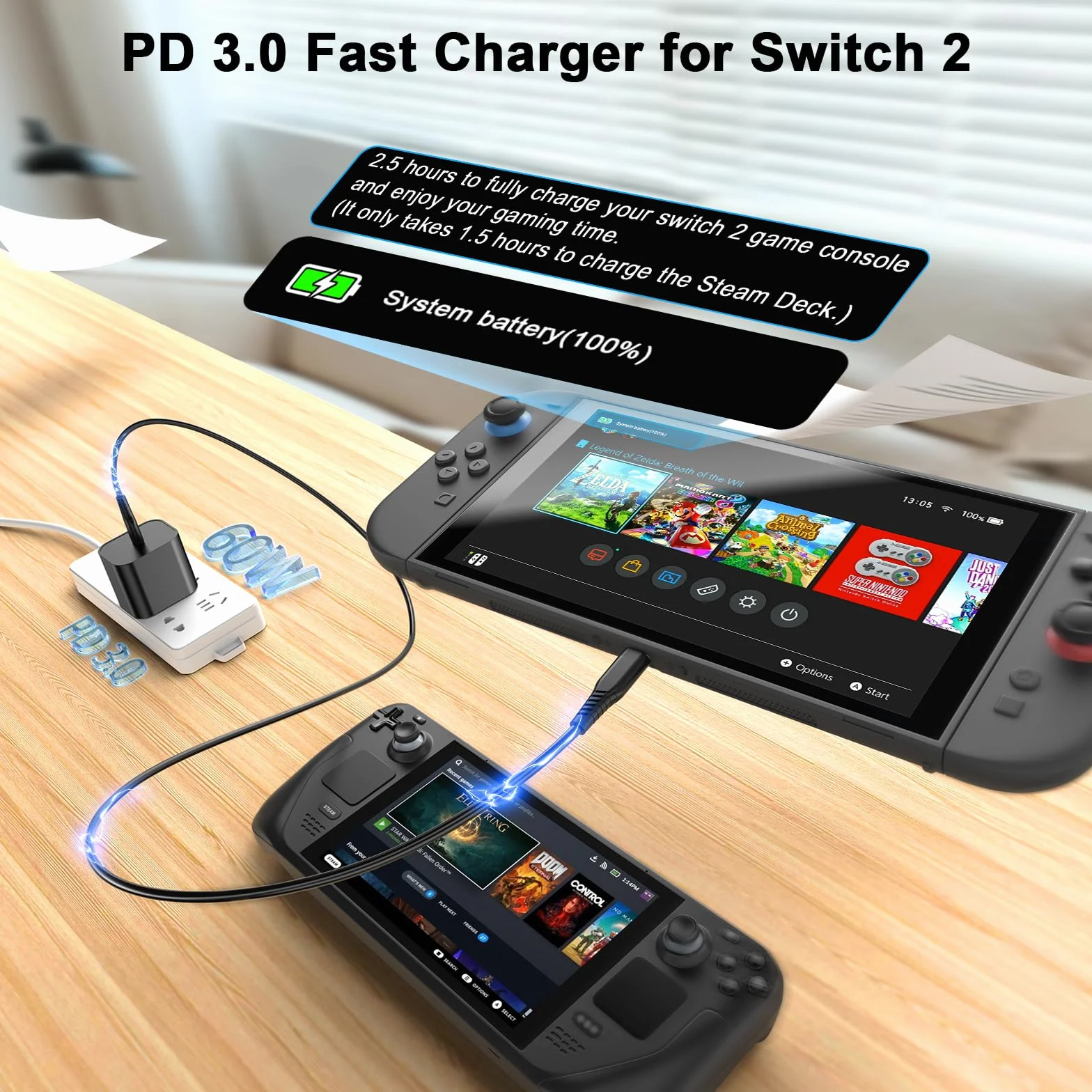Switch 2 ładowarka 60 W PD 3.0 szybkie ładowanie do Nintendo Switch 2, Steam Deck, Asus Rog Ally z kablem USB C na C, zasilacz sieciowy do Lenovo, Dell, laptopów Samsung, smartfonów, tabletów