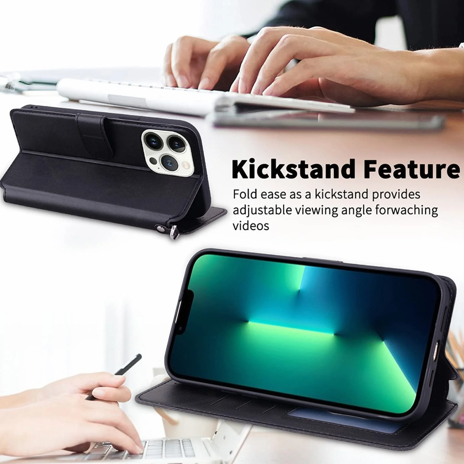 LTL Etui z klapką do iPhone 13/13 Pro/13 Pro Max, wysokiej jakości skórzane etui z klapką, etui z przegródką na karty, podpórka, etui na telefon, magnetyczne, czarne, 13 6,1"