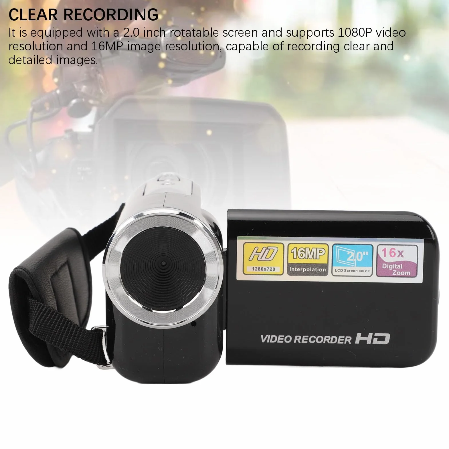 D22 Kamera Wideo FHD 16 MP 1080 P z 16-krotnym Zoomem Cyfrowym, Obrotowy Ekran 2,0 Cala, Cyfrowa Handycam Przeciwwstrząsowa z Gwintem 1/4 Cala do Vlogowania