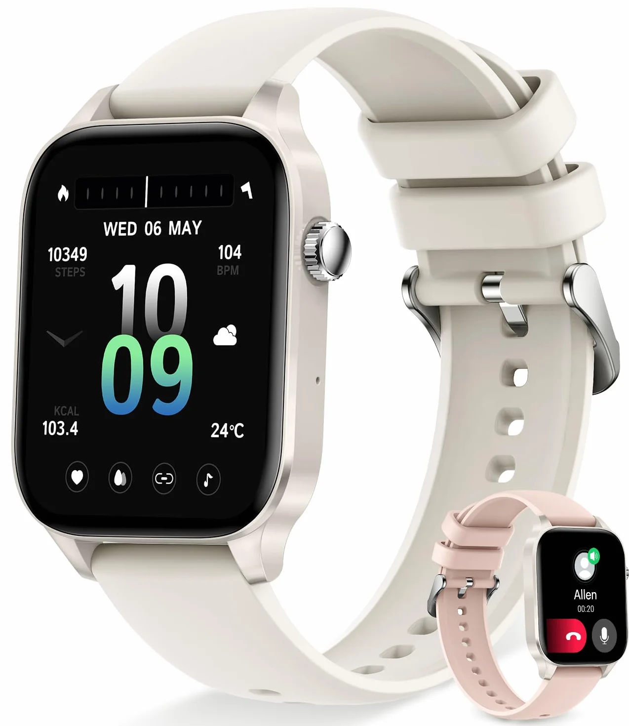 Damski smartwatch z powiadomieniami o połączeniach, zegarek fitness 1,85" krokomierz dla Androida ios asystent głosowy inteligentny zegarek damski z czujnikiem tętna SpO2, 20 trybów sportowych