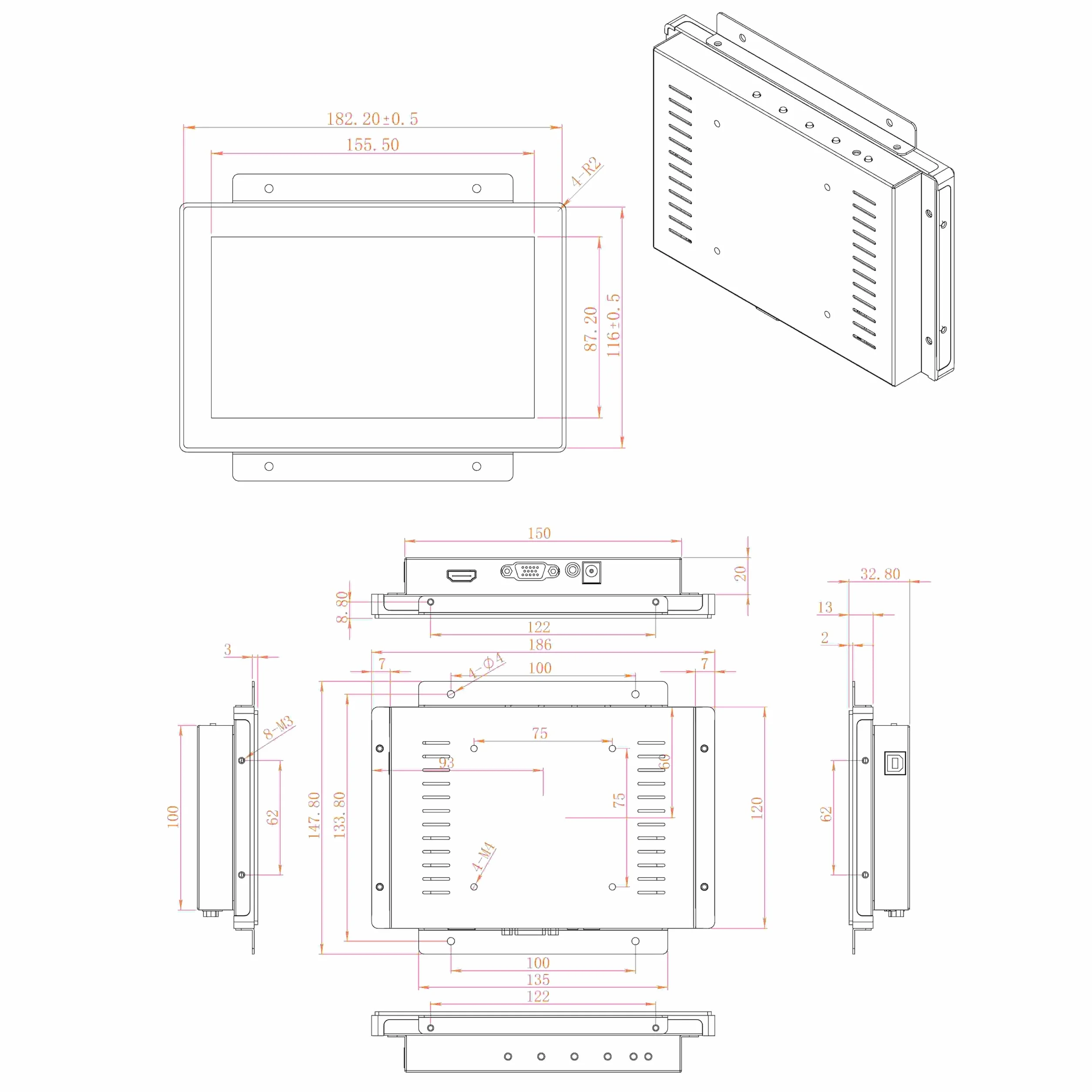VSDISPLAY Przemysłowy ekran dotykowy o przekątnej 7", IP65 panel przedni, 1024 × 600, 350 nitów, pojemnościowy 10-punktowy dotykowy, duży zakres temperatur, aluminiowa obudowa