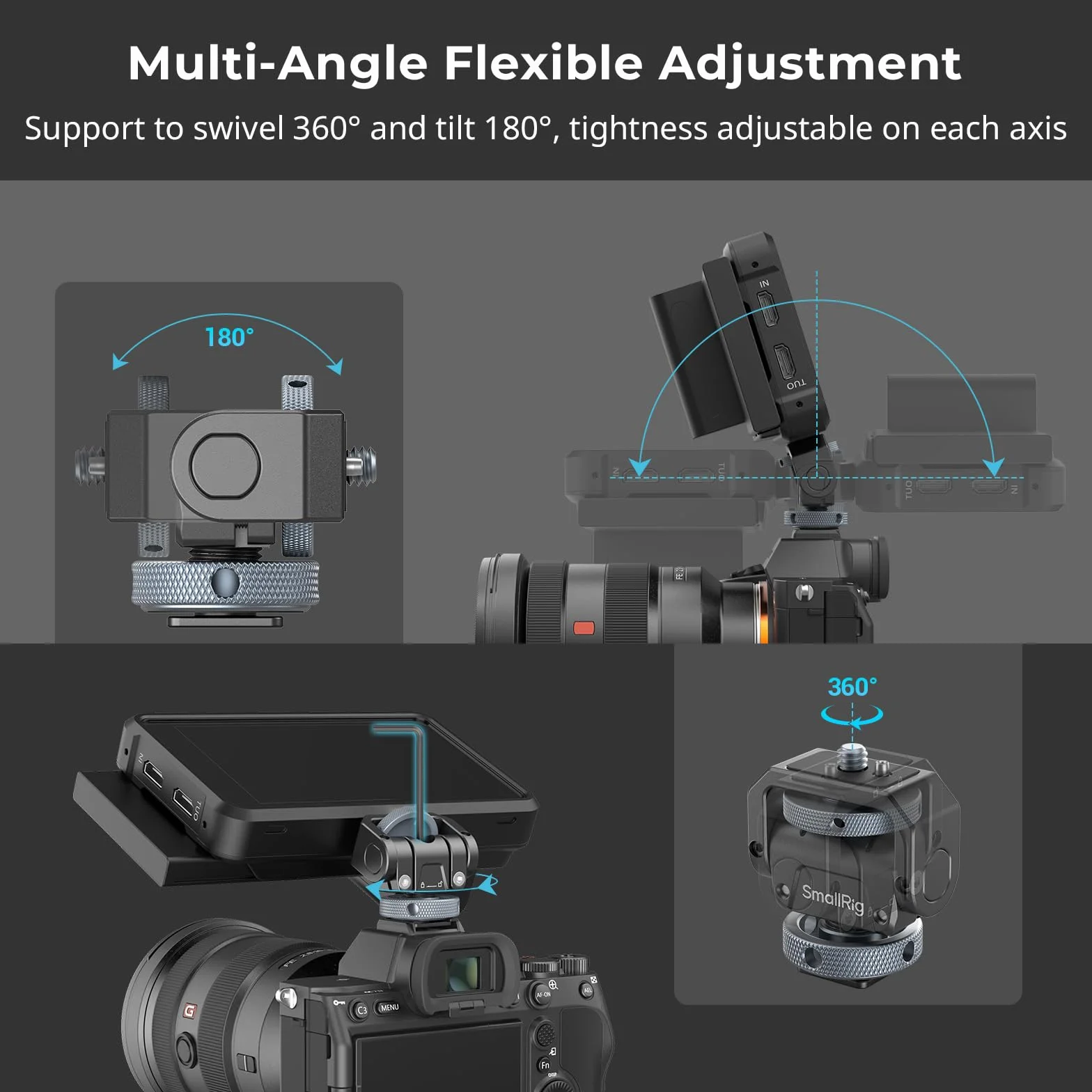 SMALLRIG Camera Monitor Mount Lite z zimną stopką, obracanie 360 ° i pochylenie 180 ° do monitora polowego, LED, lampa błyskowa, maksymalna nośność 90 ° pochylenie 3,2 kg - 3809