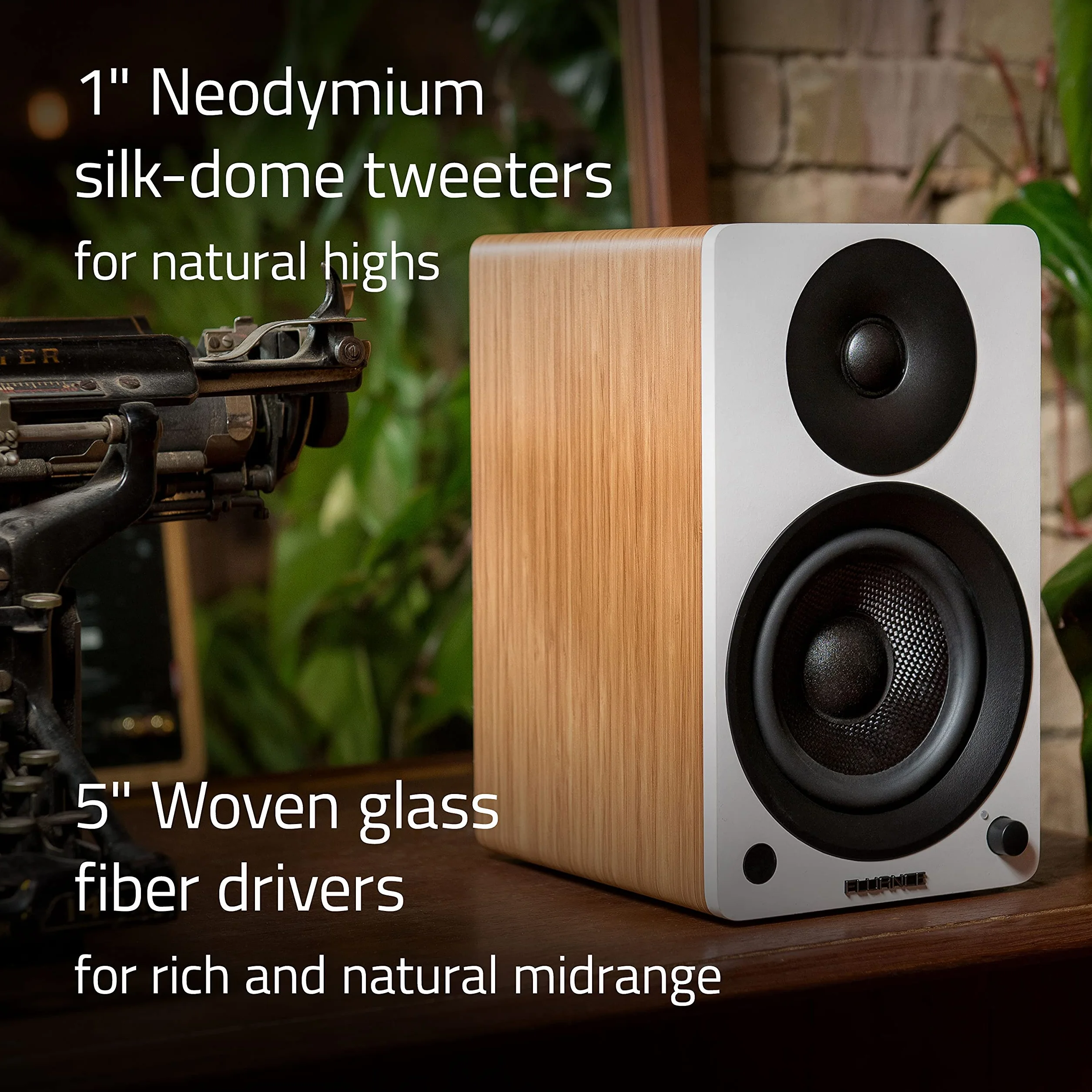 Fluance Ai41 aktywne 2-drożne głośniki stereo 2.0 półkowe z 5" przetwornikami, wzmacniaczem 90 W do gramofonu, TV, PC i Bluetooth 5, RCA, optyczne, Sub-Out – Naturalny orzech