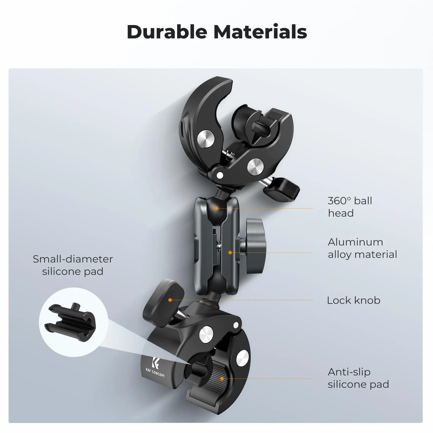 Uchwyt motocyklowy/rowerowy K&F CONCEPT z dwoma głowicami, z dwoma zaciskami Super Clamps, regulowanym ramieniem Magic Arm 360° z adapterem do kamery sportowej i adapterem 1/4", pręt przedłużający nie