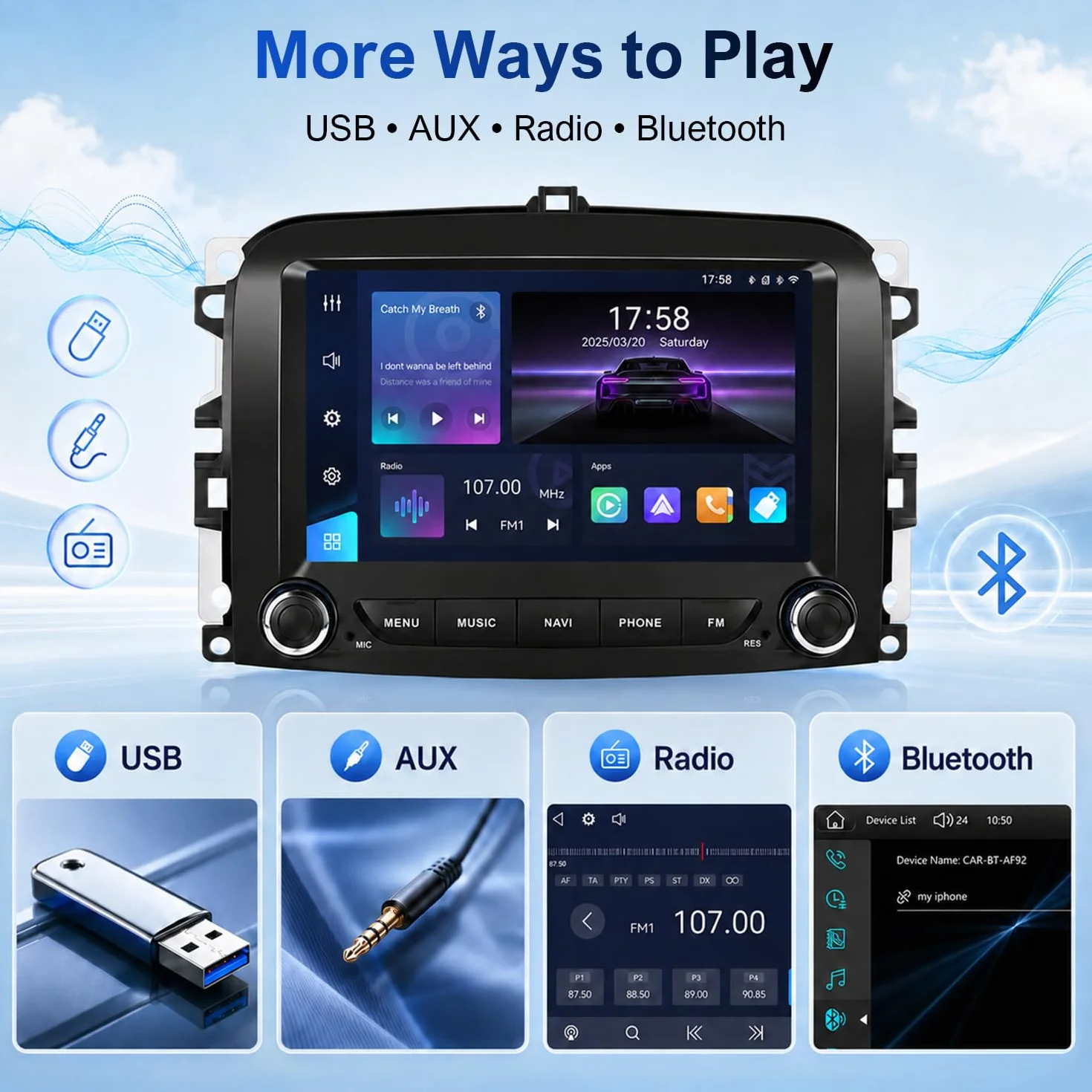 Linux radio samochodowe do FIAT 500L 2013-2019 z CarPlay i Android Auto | 7-calowy ekran dotykowy HD, Bluetooth, radio RDS, FM/AM/USB/DSP, Plug & Play