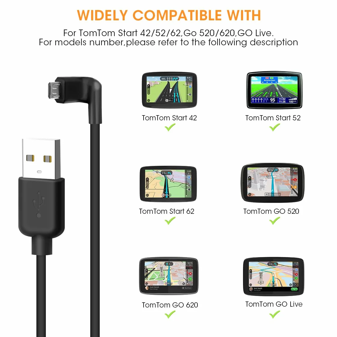Kabel do ładowania TomTom Sat Nav, kabel ładowania USB AIEVE w samochodzie kompatybilny z TomTom Start 42/52/62, TomTom Go 520/620 samochodowy system nawigacji (4,92 stóp/1,5 m, czarny)