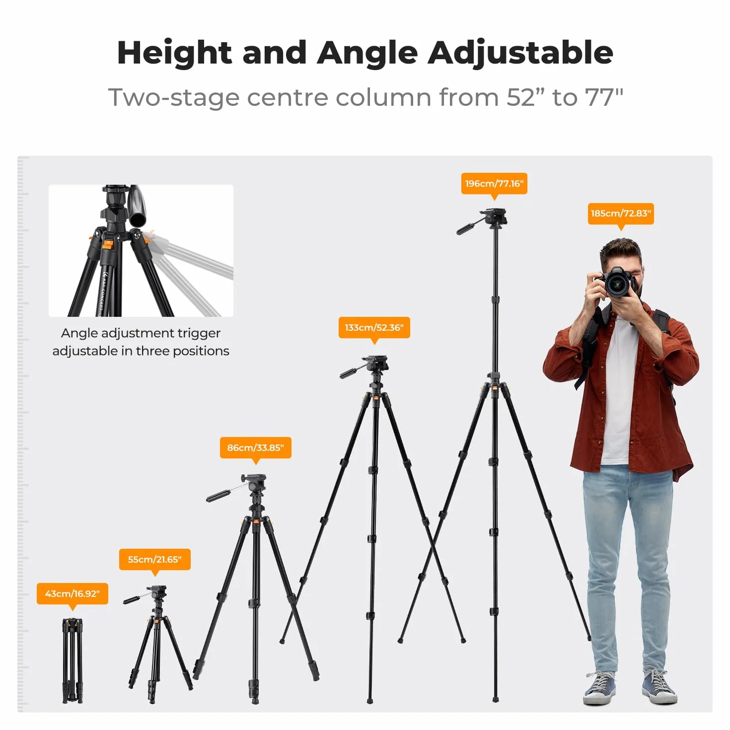 K&F Concept Statyw do aparatu, 196 cm, statyw wideo, nowy lekki statyw podróżny, tripod z 3-drożną głowicą, aluminiowy statyw do lustrzanki cyfrowej, statyw do smartfona z uchwytem na telefon