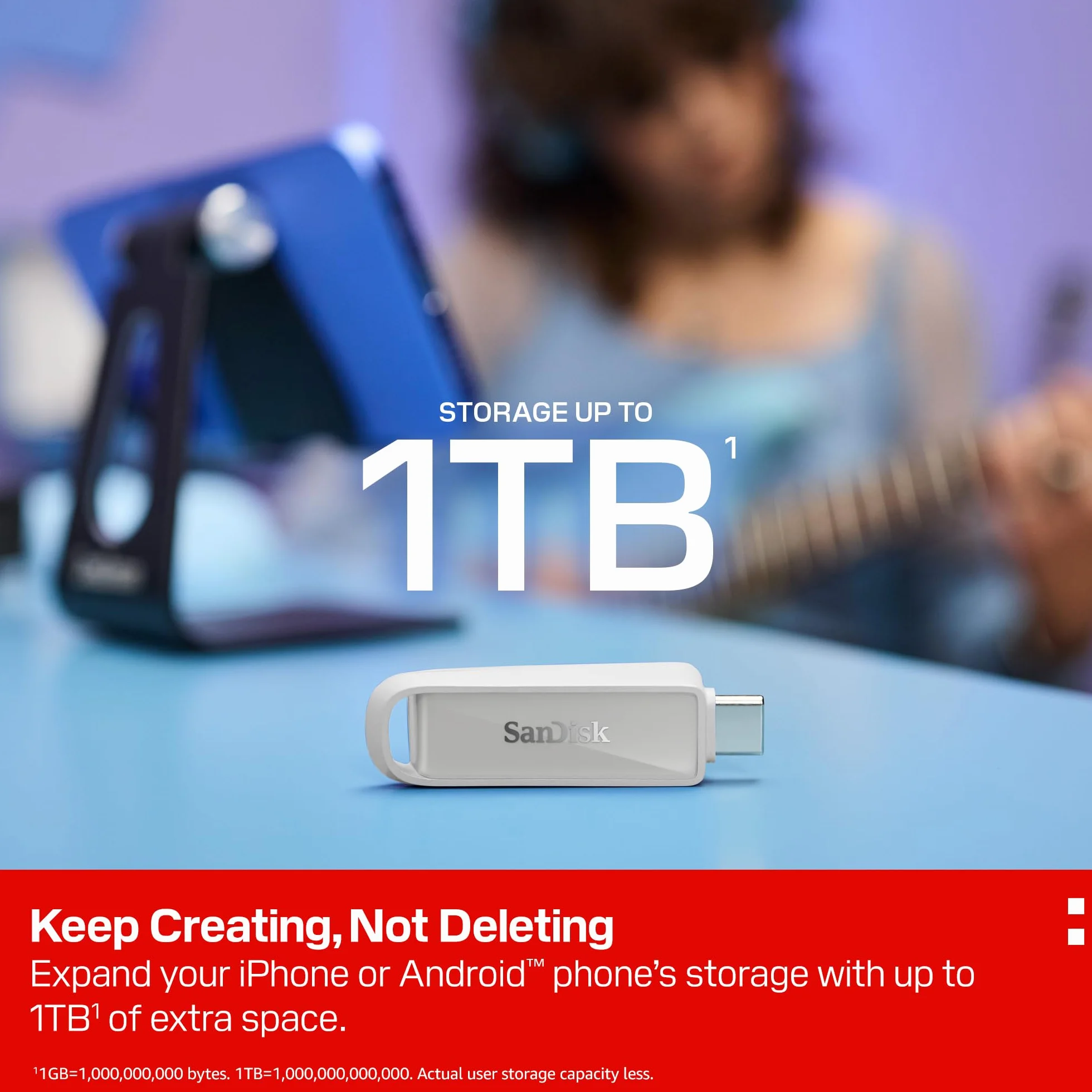 SanDisk Phone Drive z USB Type-C 1 TB (do telefonu, do smartfonów, tabletów i komputerów, prędkością 150 MB/s, Wykonuj automatyczne kopie, Dzięki odzyskiwaniu) - Arctic White
