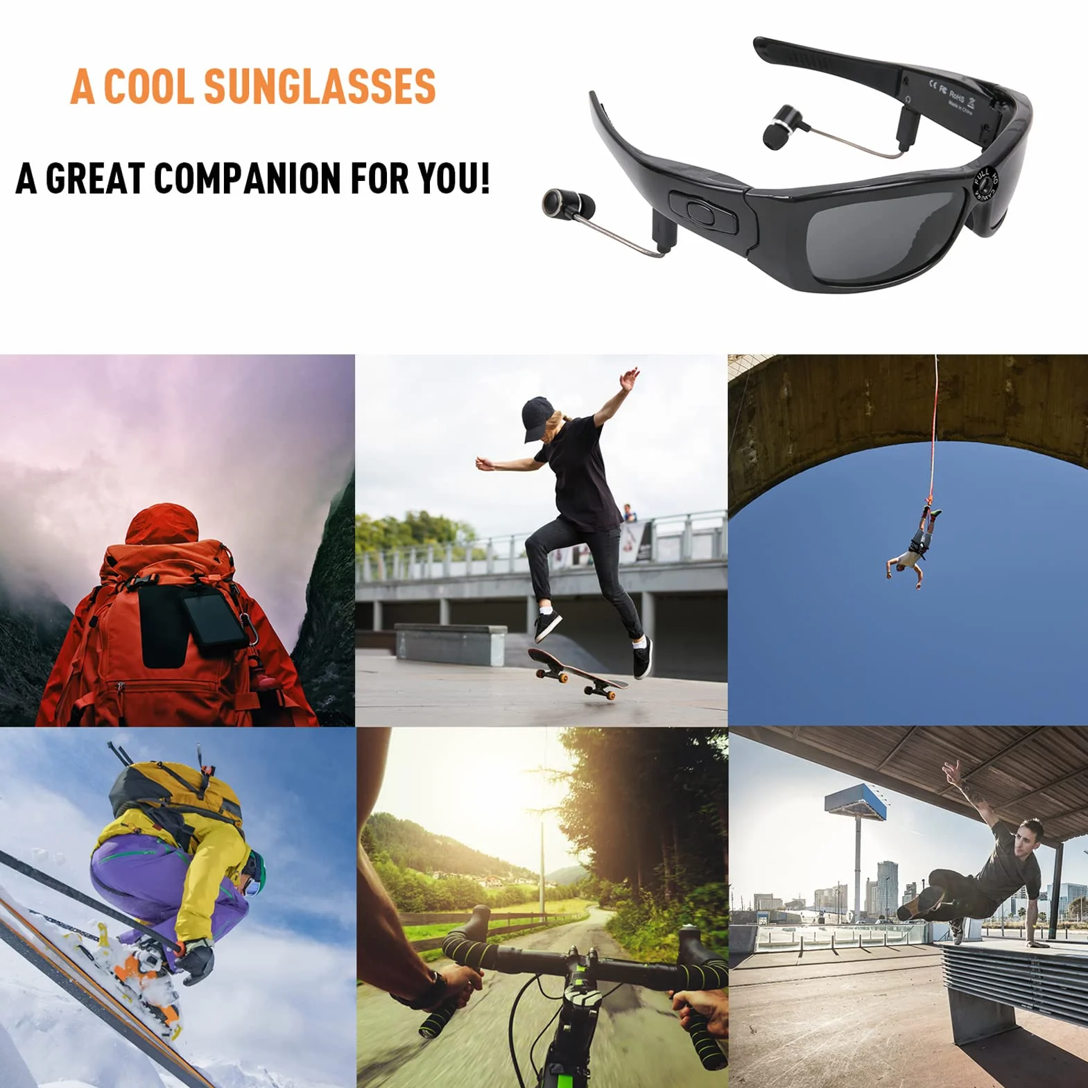 Okulary do Aparatu Full HD 1080p, Zdjęcia i Wideo, Okulary do Noszenia Bluetooth, Okulary do Spolaryzowanych Okularów Mini Kamera Wideo dla Mężczyzny i Kobiety, Okulary Sportowe